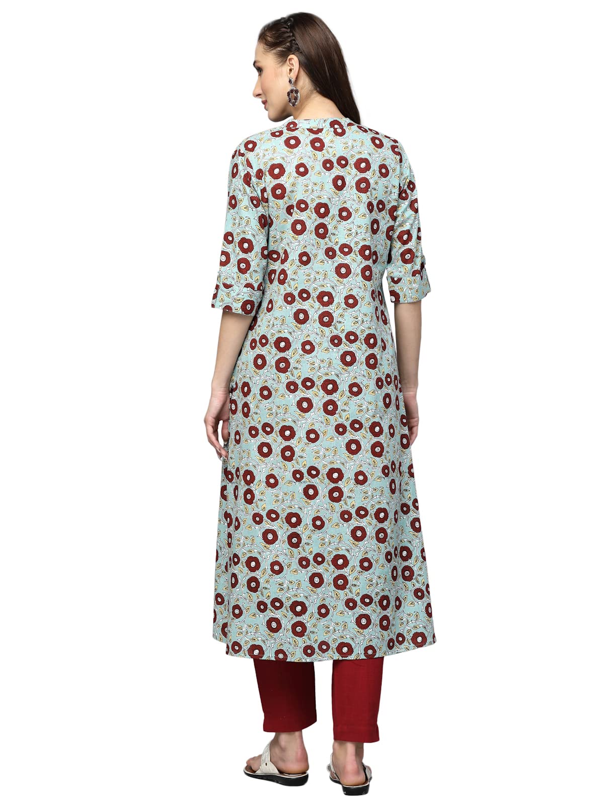 Stylum Women's Printed Cotton A-Line Kurta (Turquoise Blue)