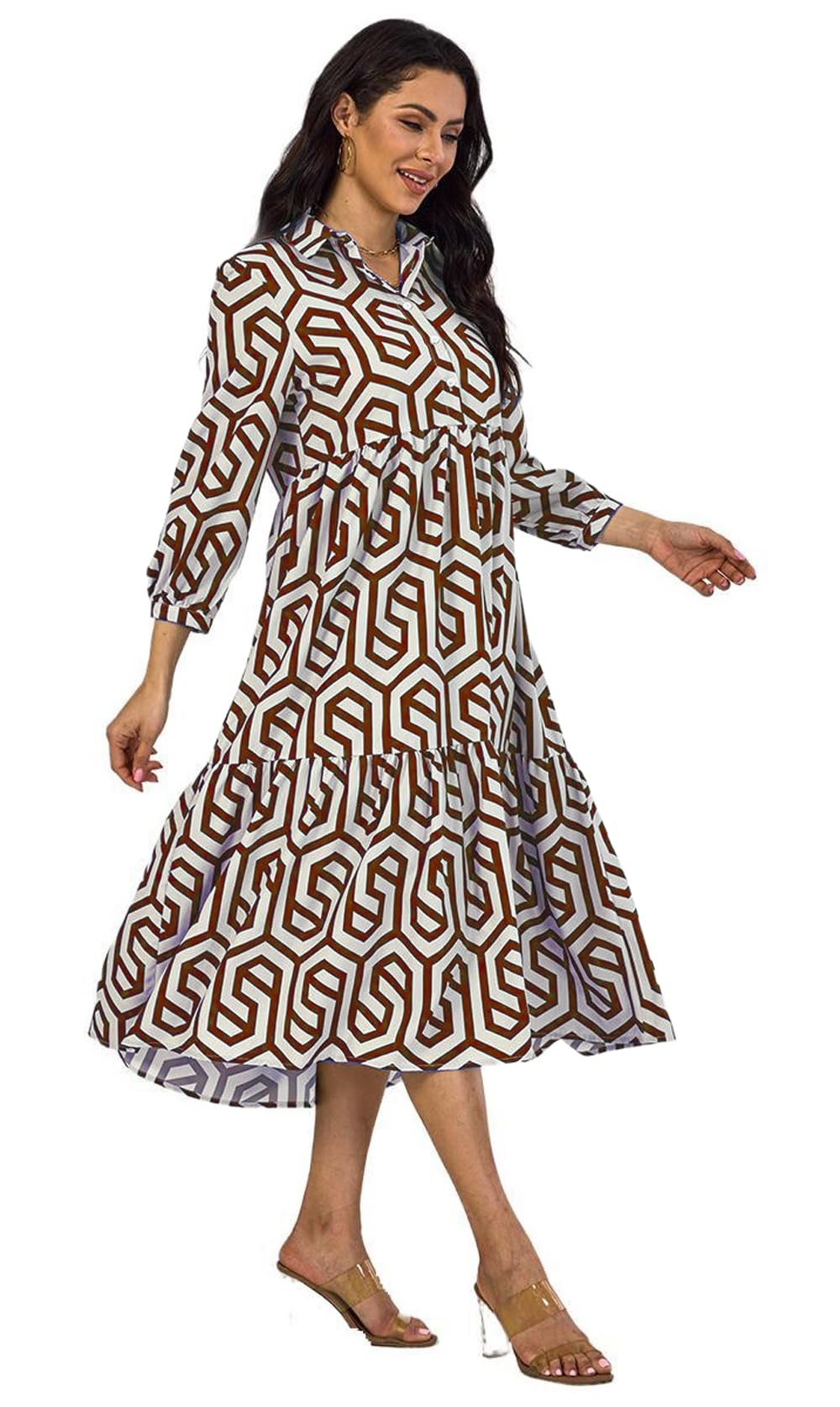 Shasmi Women & Girls Solid Maroon Geometric Print Collared Dress With Long Cuffed Sleeves, Panelled Hem And A Button-Up Front Ga