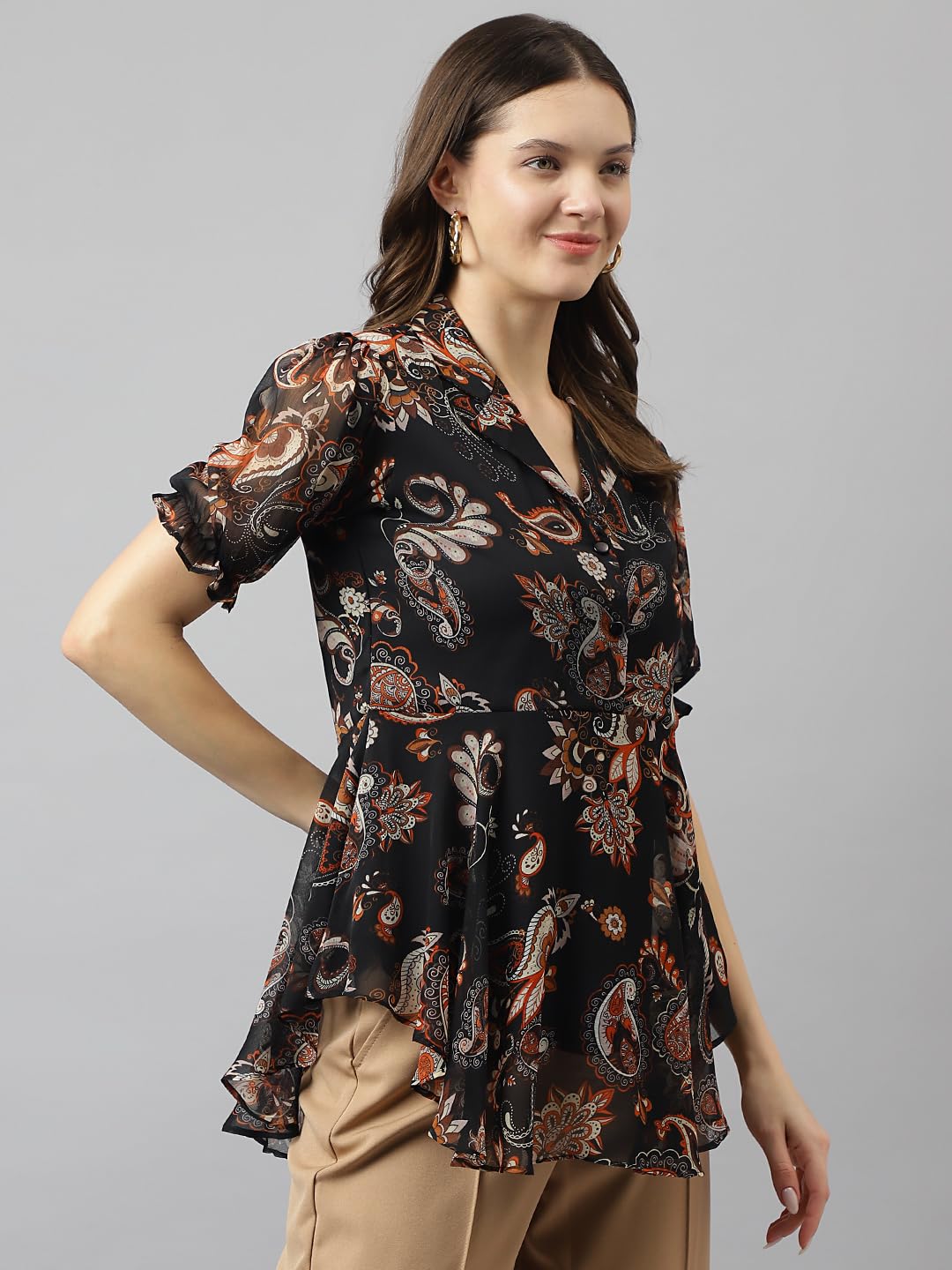 Toochki Black Georgette Paisley Printed Flared Western top for Womens Suitable to wear in Summer with Latest Trending Style