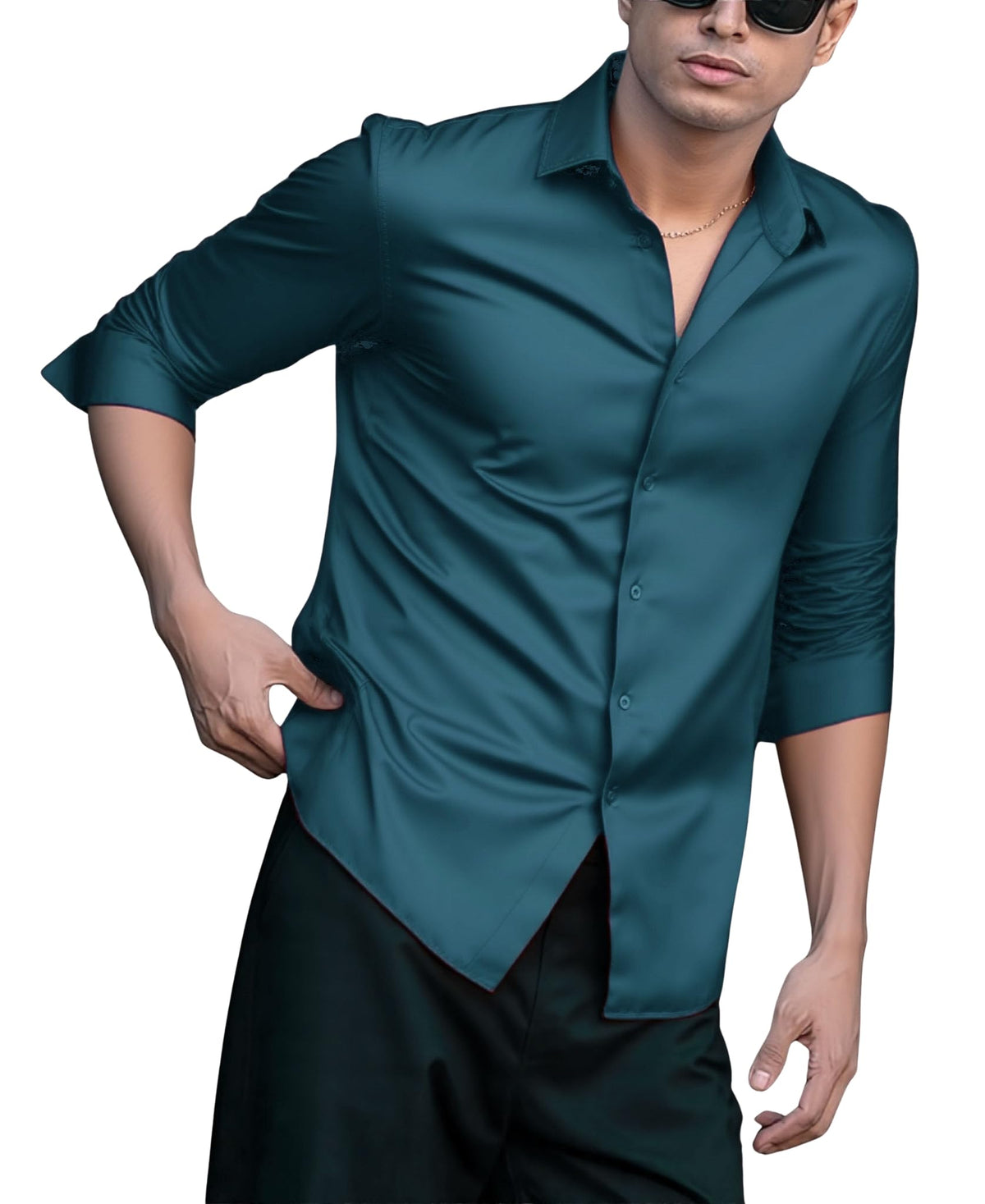Indoprimo MenS Casual Button Down Long Sleeve Satin Plain Shirt Rama
