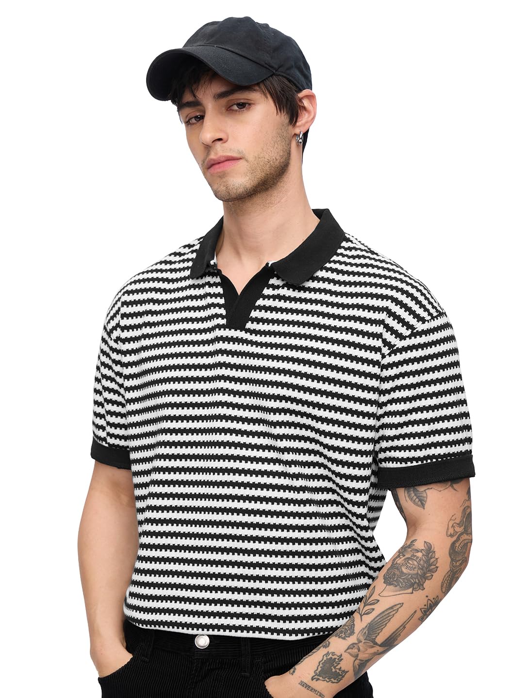 The Souled Store Jacquard Polo: Monochrome Men and Boys Short Sleeves Collared Neck Striped Cotton Blend Streetwear Trendy Drop
