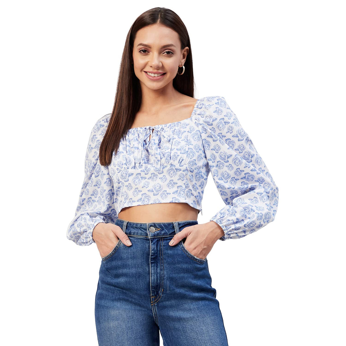 Rare Women Casual White Colour Square Neck Floral Fitted Top