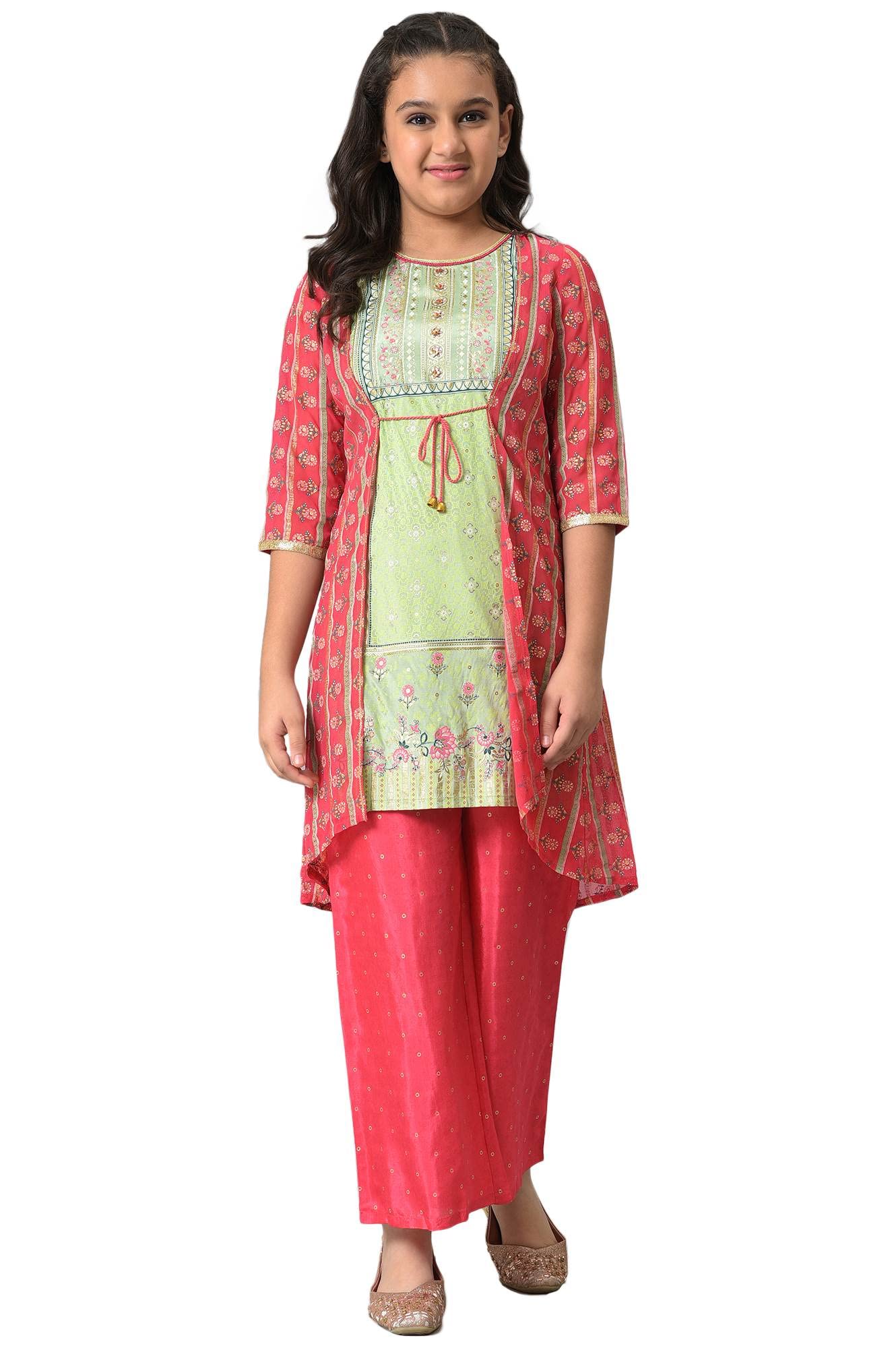 Aurelia Polyester Girls Gillet-Regular A-Line Flared Kurta-Straight Palazzo-