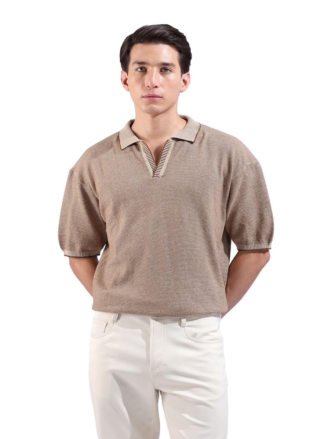 The Indian Garage Co Mens Oversized Textured Flatknit Half Sleeves Sweater