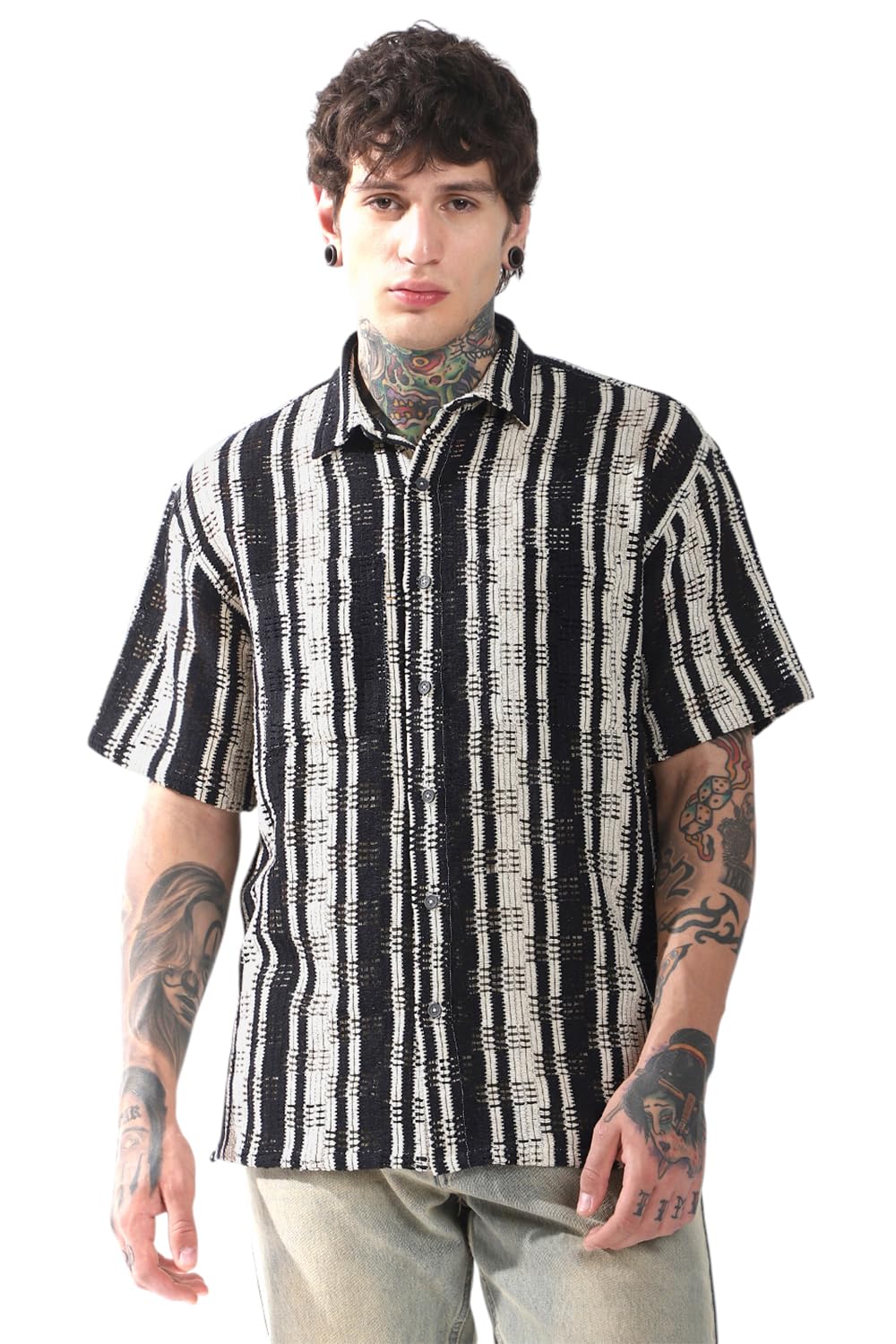 Hubberholme Men Striped Oversized Spread Collar Half Sleeve Casual Shirt Multicolour