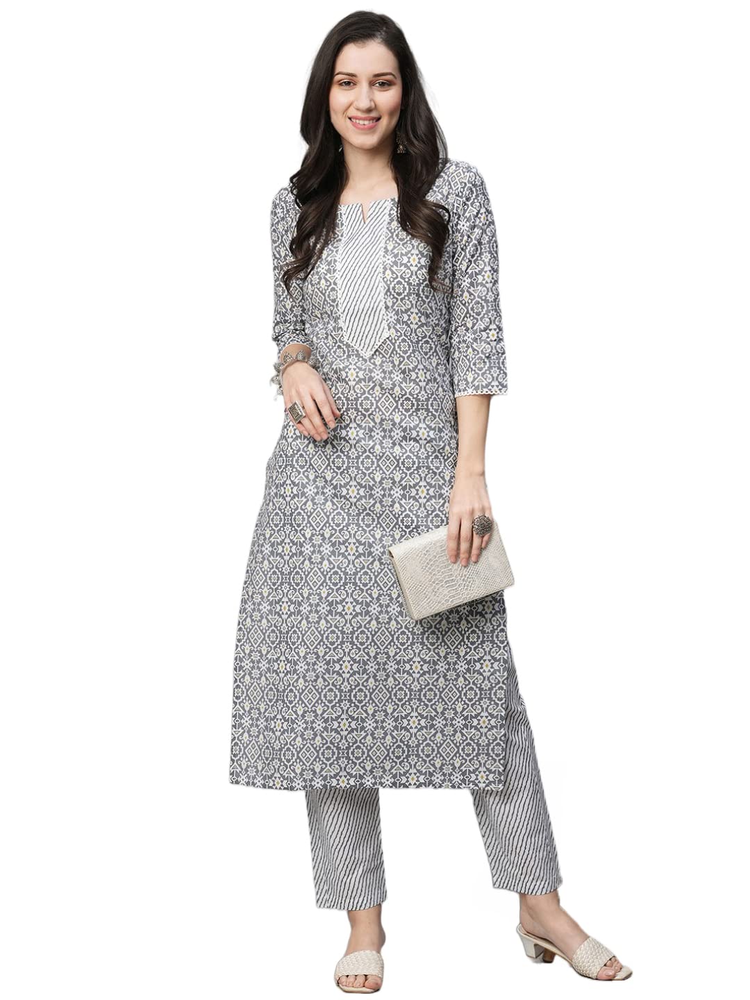 GoSriKi Womens Cotton Blend Printed Straight Kurta with Pant (Kavi-Nw07-GS)