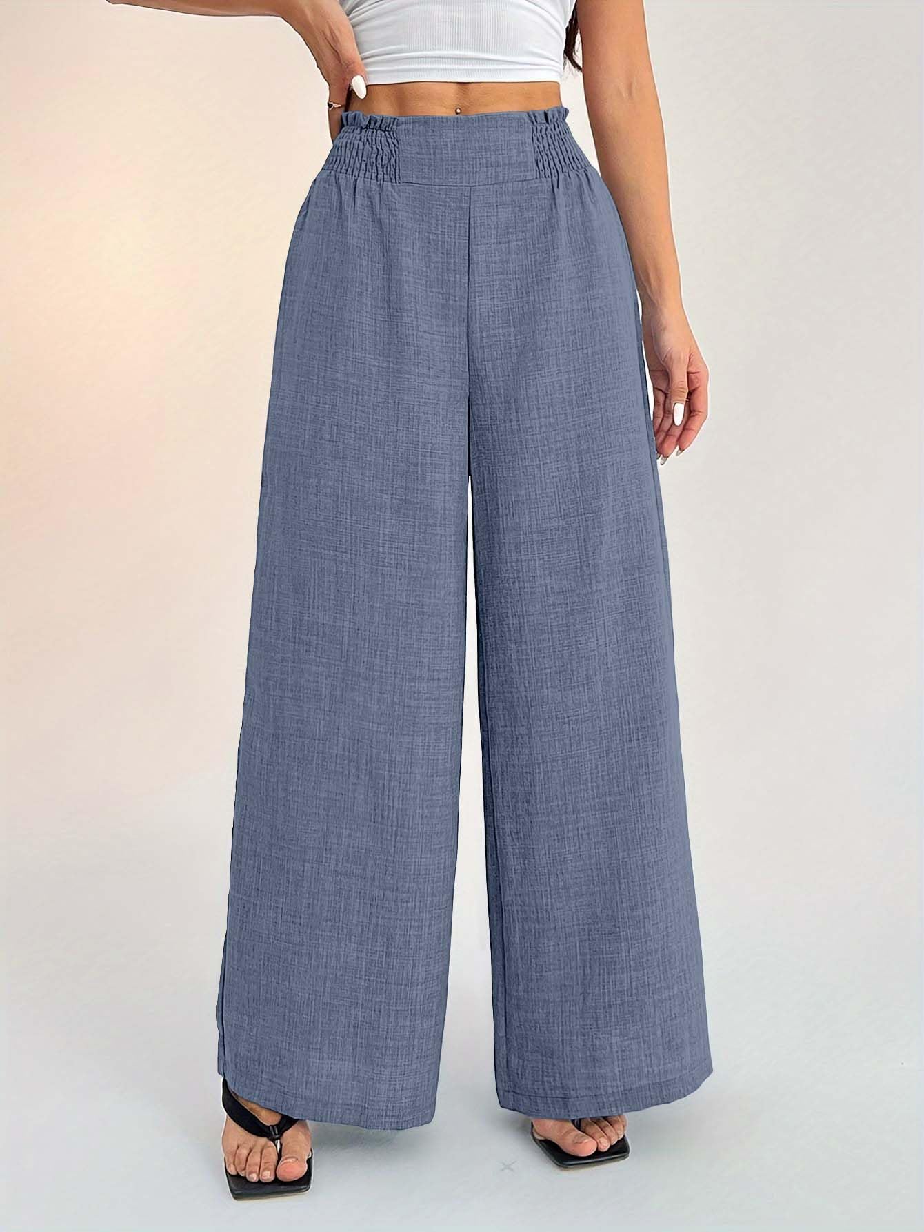 Sugathari Womens Denim Blue Casual Wide Leg Pants High Waist Elastic Waistband Loose Fit Long Trousers | Lightweight Straight