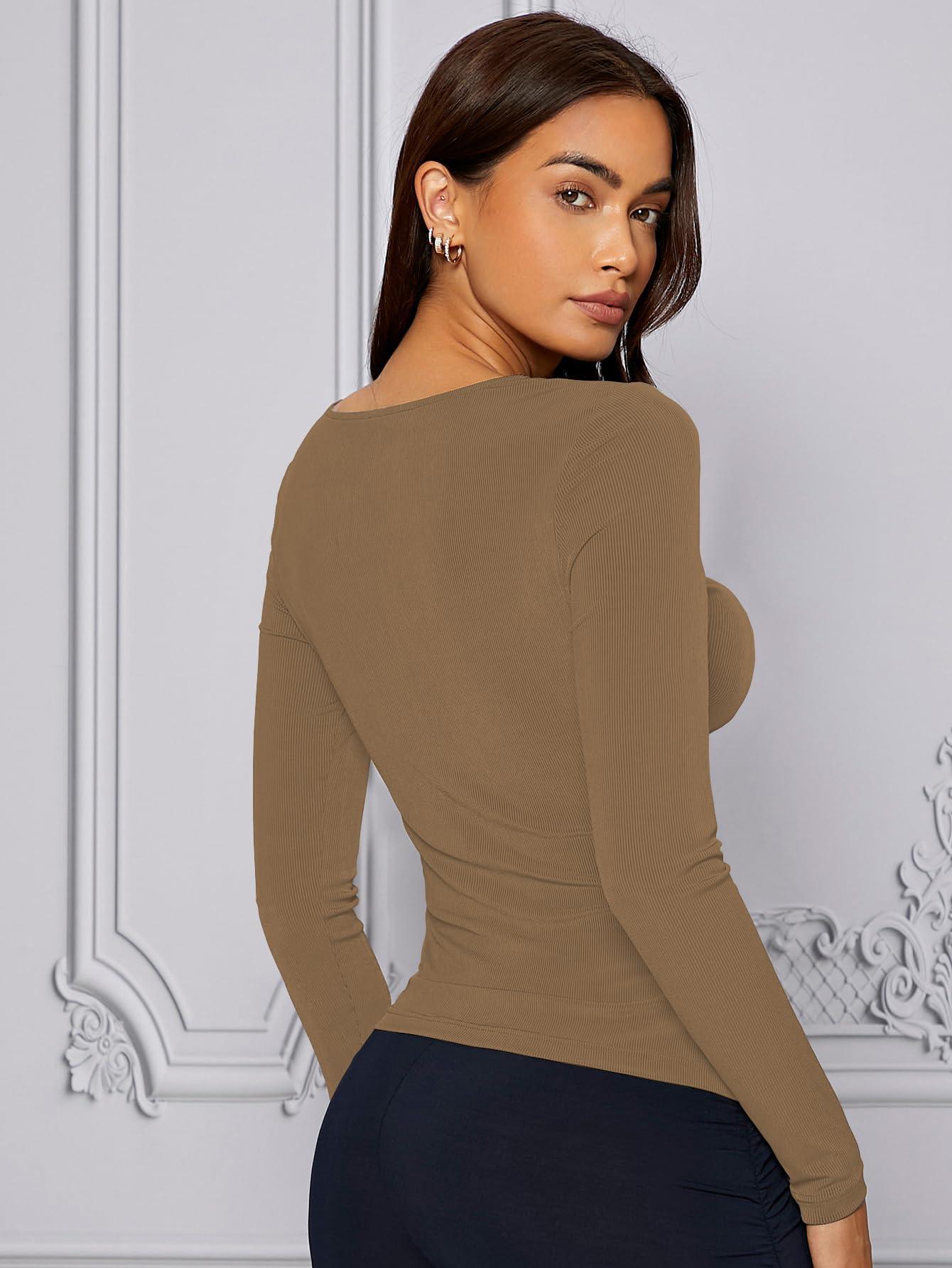 Shasmi Womens & Girls Brown Long Sleeve Asymmetrical Neck Solid Color Ruched Front Asymmetrical Hem Tee Workwear Fancy Top, T-