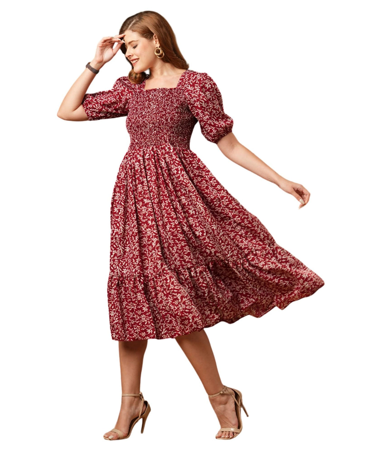 Kuduzo WomenS Crepe Maxi Dress With Half Sleeves Square Neck Line Floral Printed Pattern Maxi Length Regular Fit And Flare Maro