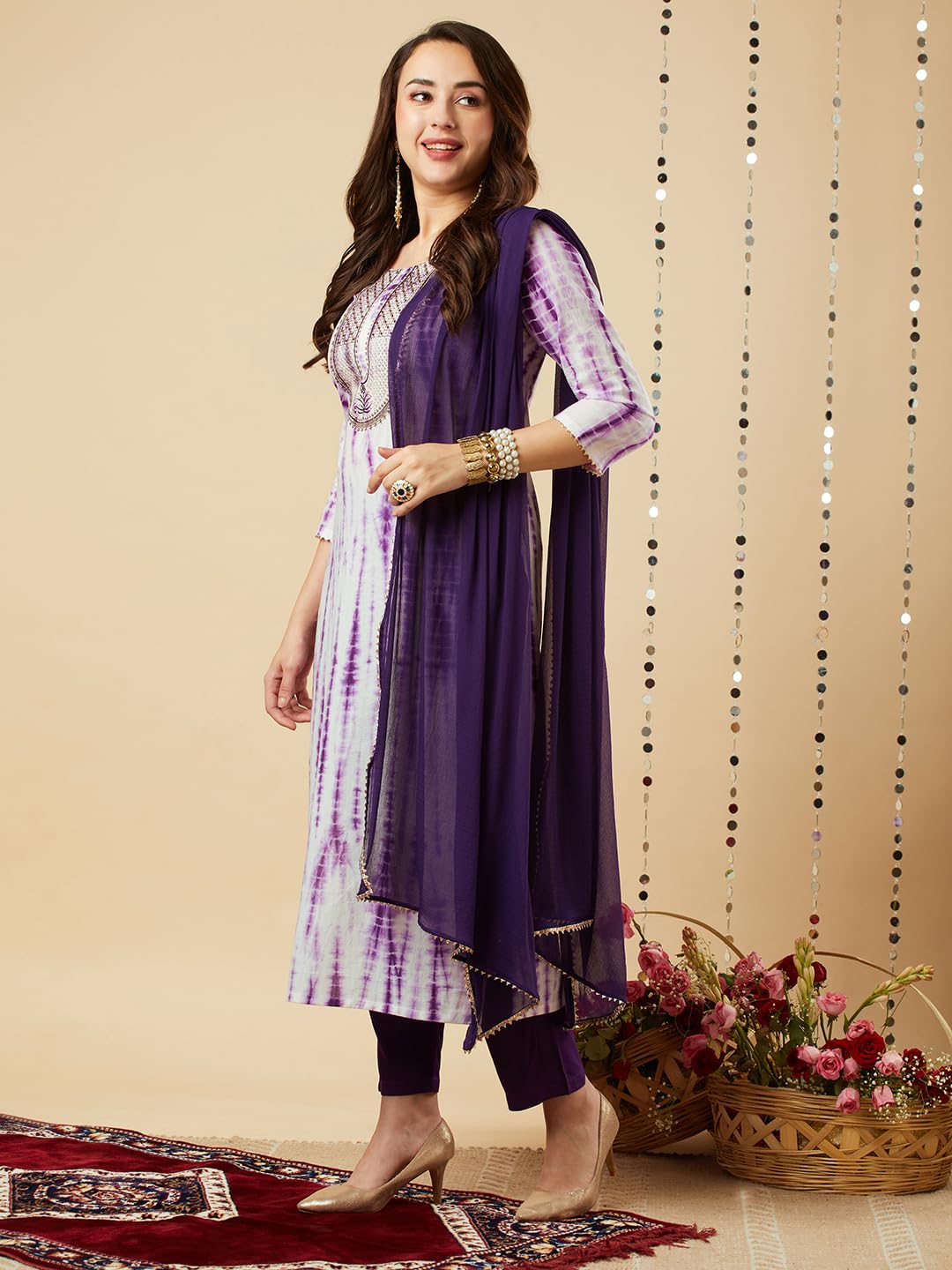 Gosriki Women'S Rayon Viscose Printed Straight Kurta With Pant & Dupatta (Tiedye Begani-Vks01-Gs_5Xl_Violet_Xxxxx-Large)