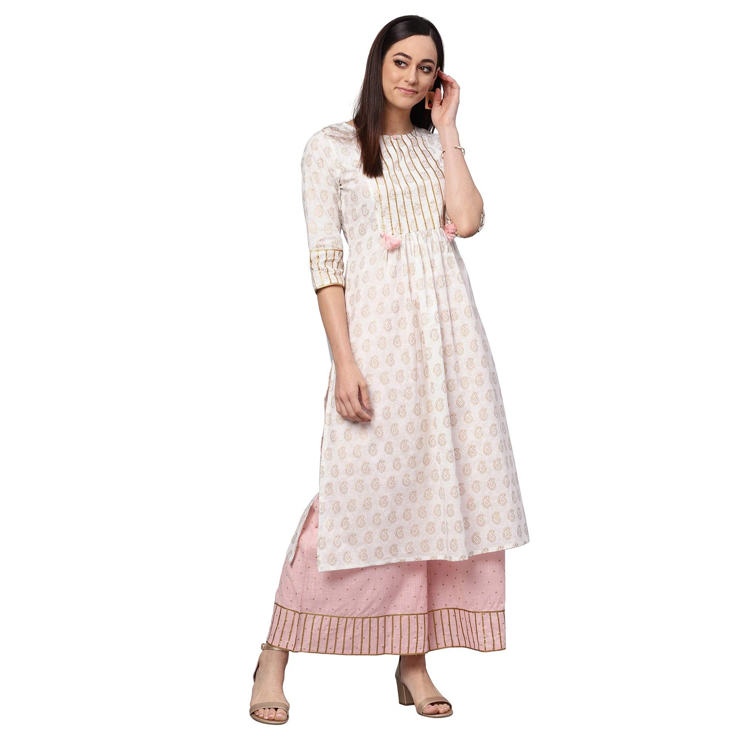 idaLia Women's Baby Pink and White Gold Printed Kurta Set with Palazzo Pant
