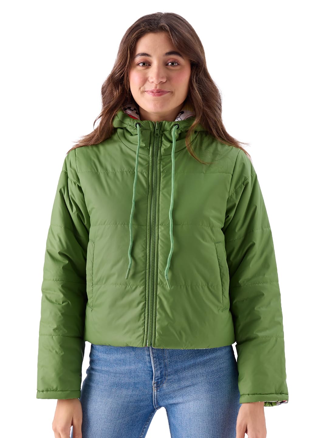 The Souled Store Official Looney Tunes: Back to School Women and Girls Long Sleeve Zipper Front Hooded Neck Reversible Puffer Ja
