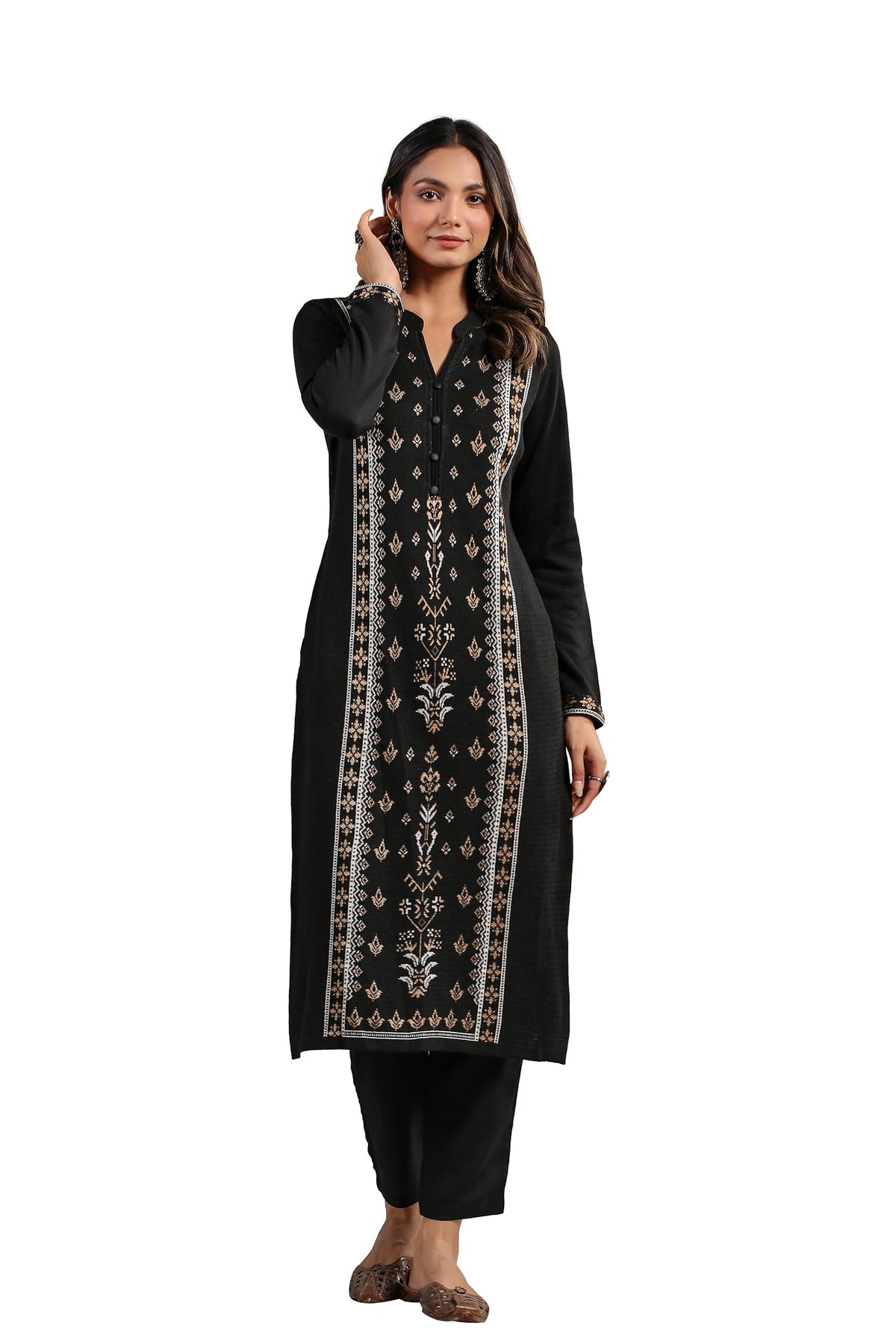 ishin Womens Black Jacquard Style Ethnic Motifs Straight Winterwear Kurta