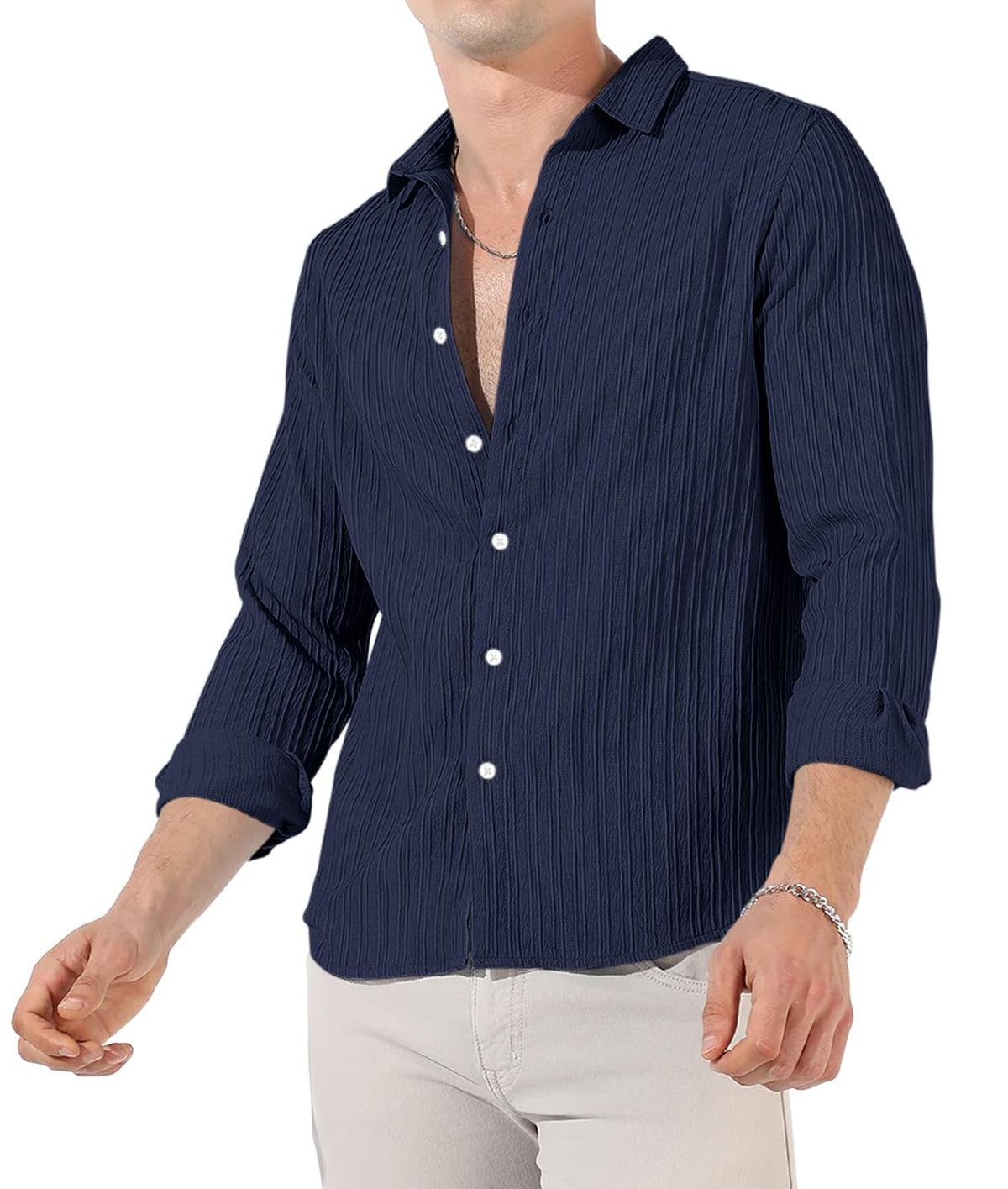 Finivo Fashion MenS Cotton Casual Striped Button Down Shirts Long Sleeve Textured Summer Beach Shirt For Men Navy