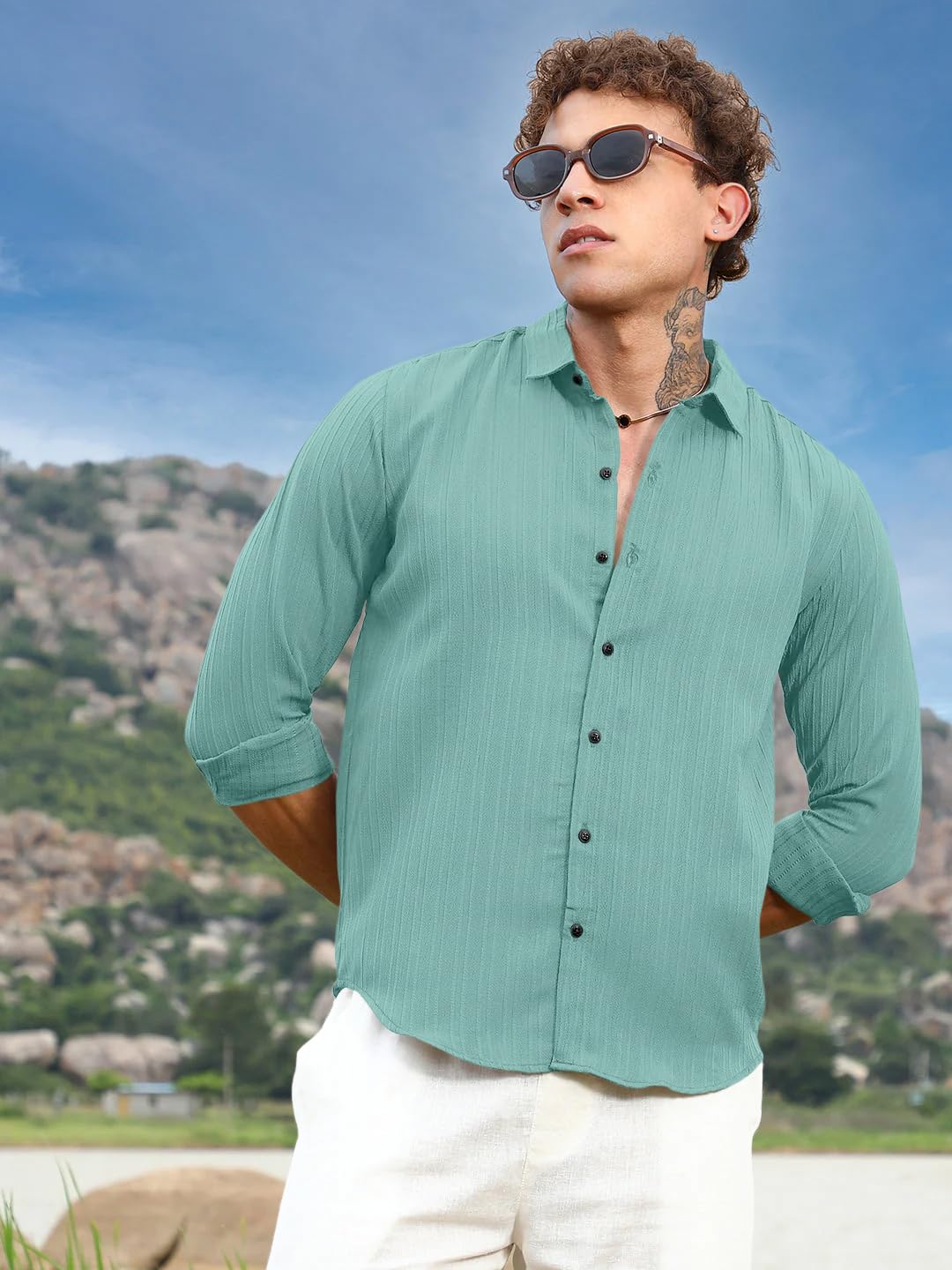 Finivo Fashion MenS Striped Cotton Casual Button Down Shirts Long Sleeve Textured Summer Beach Shirt For Men Turquoise