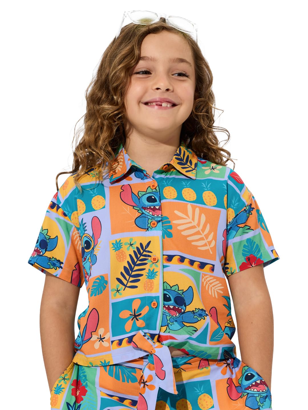 The Souled Store Lilo & Stitch: Pineapple Girls Young Girls Short Sleeves Collared Neck Button Front Multicolor All Over Printed