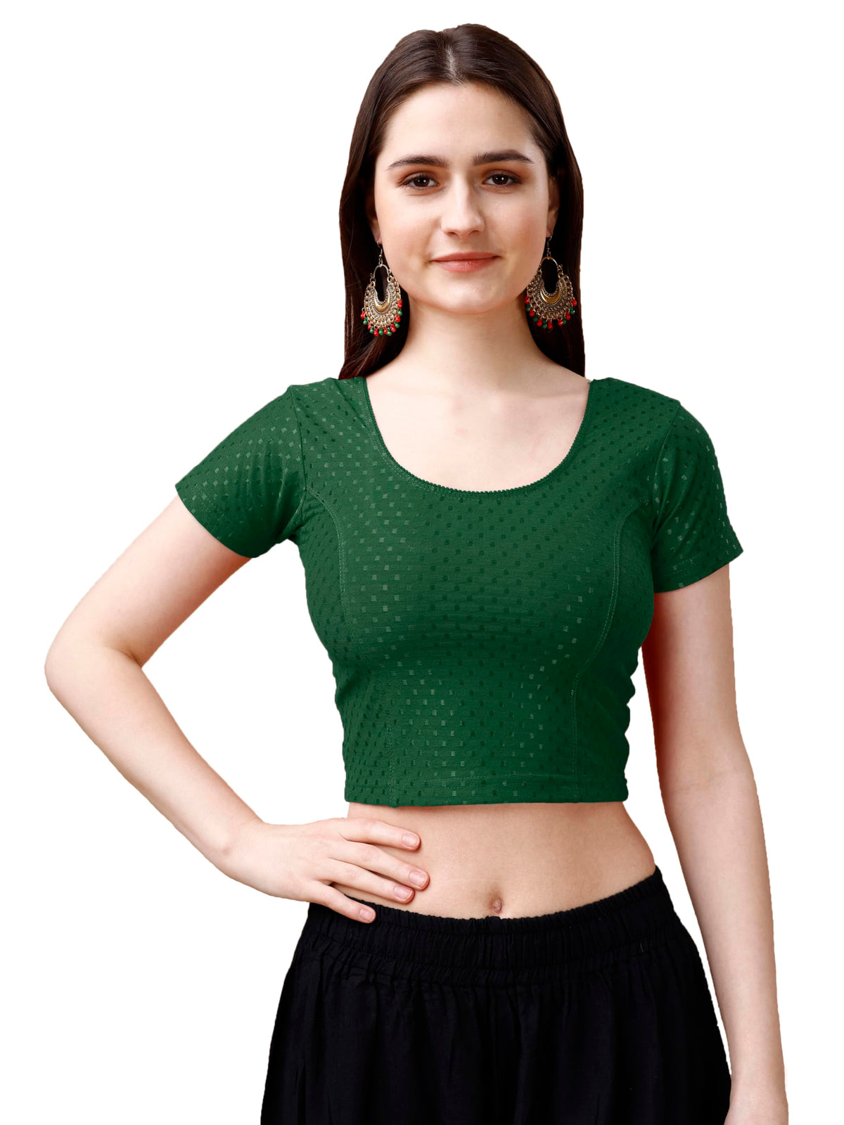 Pujia Mills Womens Readymade Dobby Cotton Lycra Stretchable Round Neck Short Sleeve Blouse Fancy Green Color Lycra Stretchable