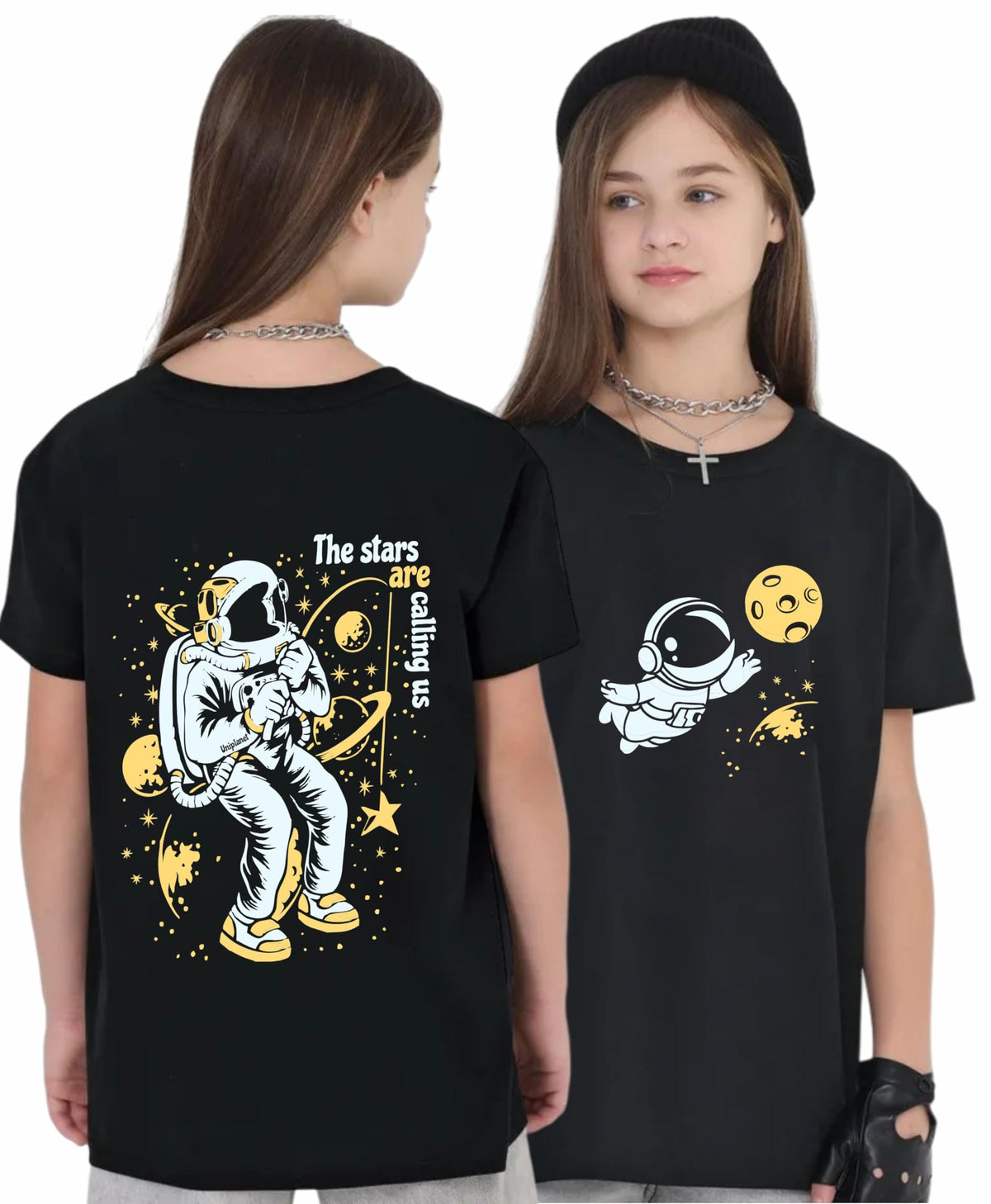 Uniplanet Store GirlS Cotton T Shirt With Round Neck Half Sleeves Graphic Printed Space Theme Regular Fit And Standard Length B