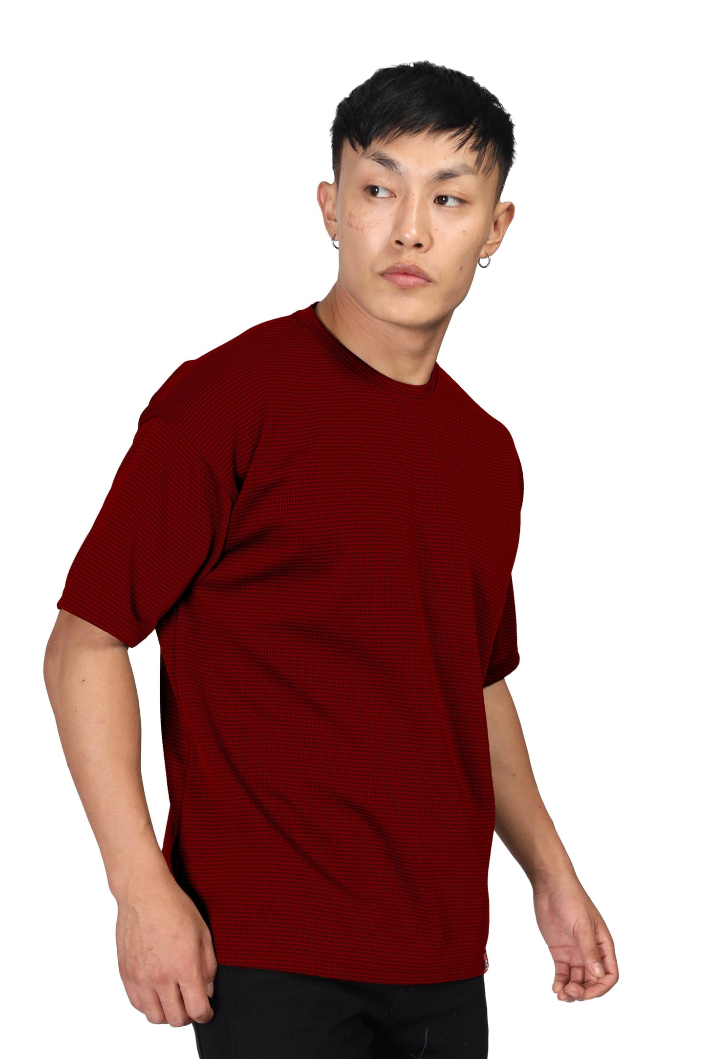 SHODOX Mens Solid Dotted Unique Design Oversized Tshirt for Men - Round Neck Loose Fit Drop Shoulder Mens T-Shirt Red