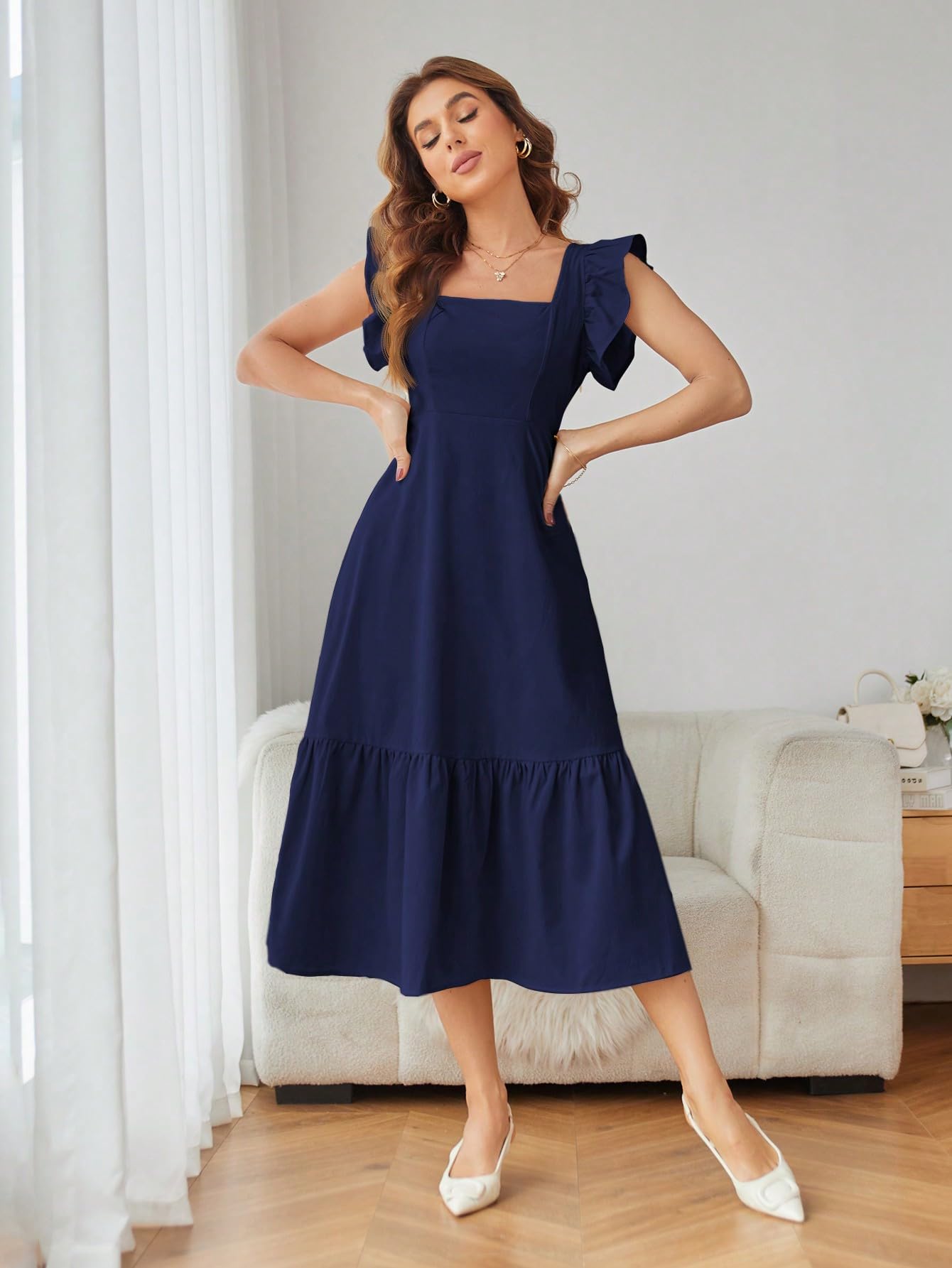 Shasmi GirlS & WomenS Solid Navy Blue Color Square Neck, Ruffle-Trimmed Hem Sleeveless, Ruffle Armhole And Casual Dress With C