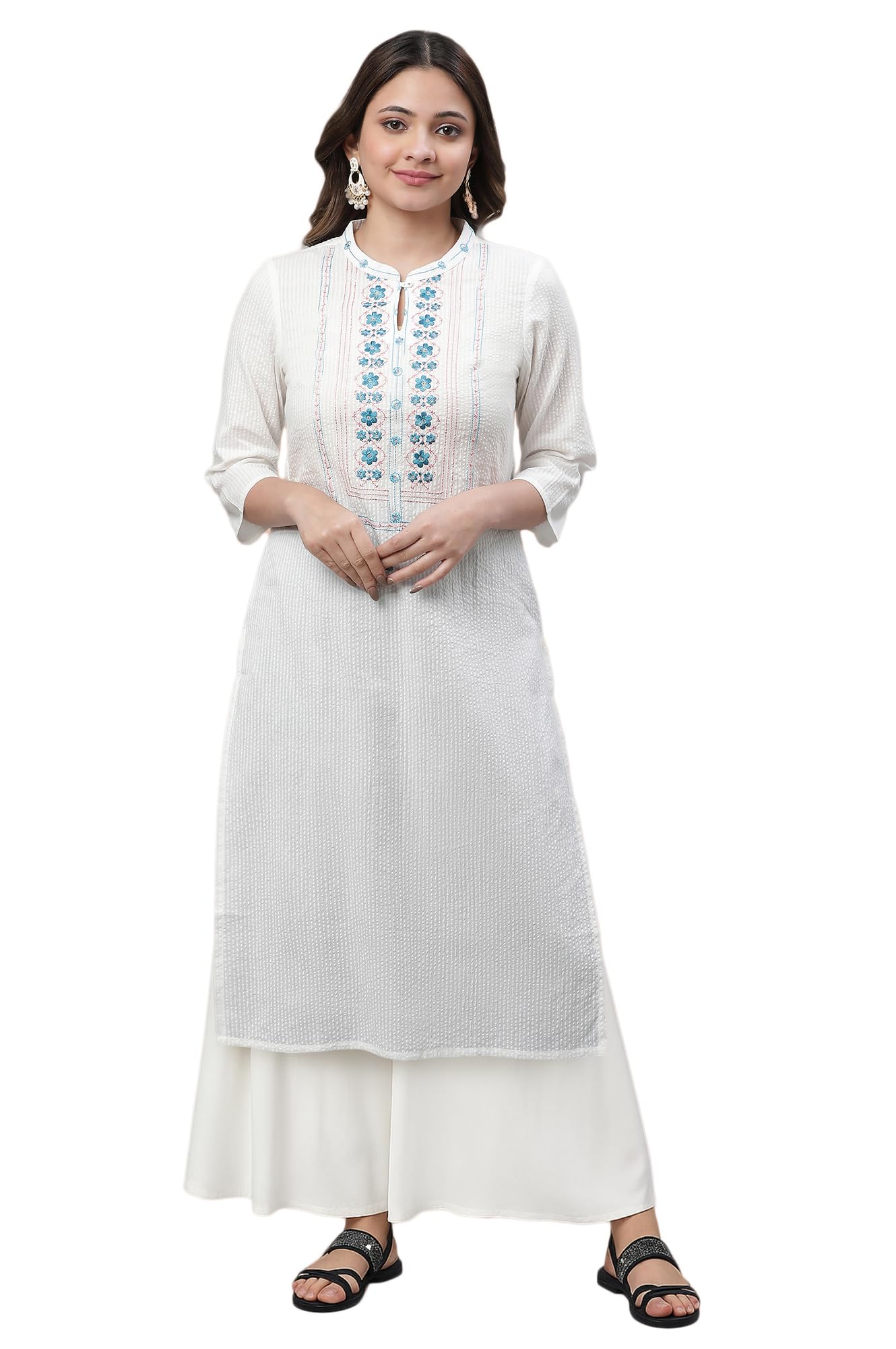 Aurelia Women's White Solid Thread Work Cotton Blend Straight Kurta and Palazzo Set (ONVAS14491-606465-M)