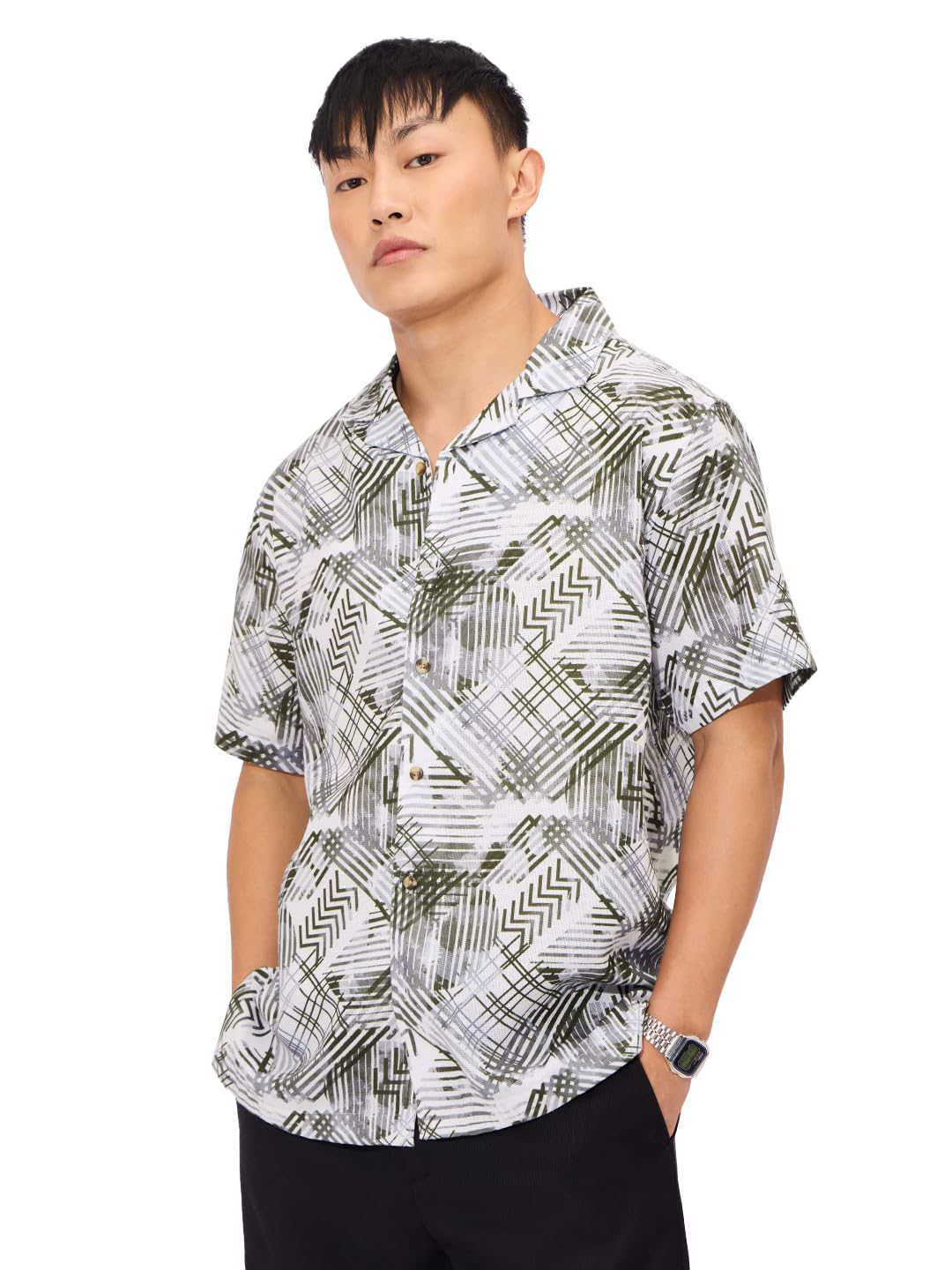 The Souled Store Nexus Men and Boys Short Sleeves Collared Neck Button Front All Over Printed Cotton Holiday Shirts