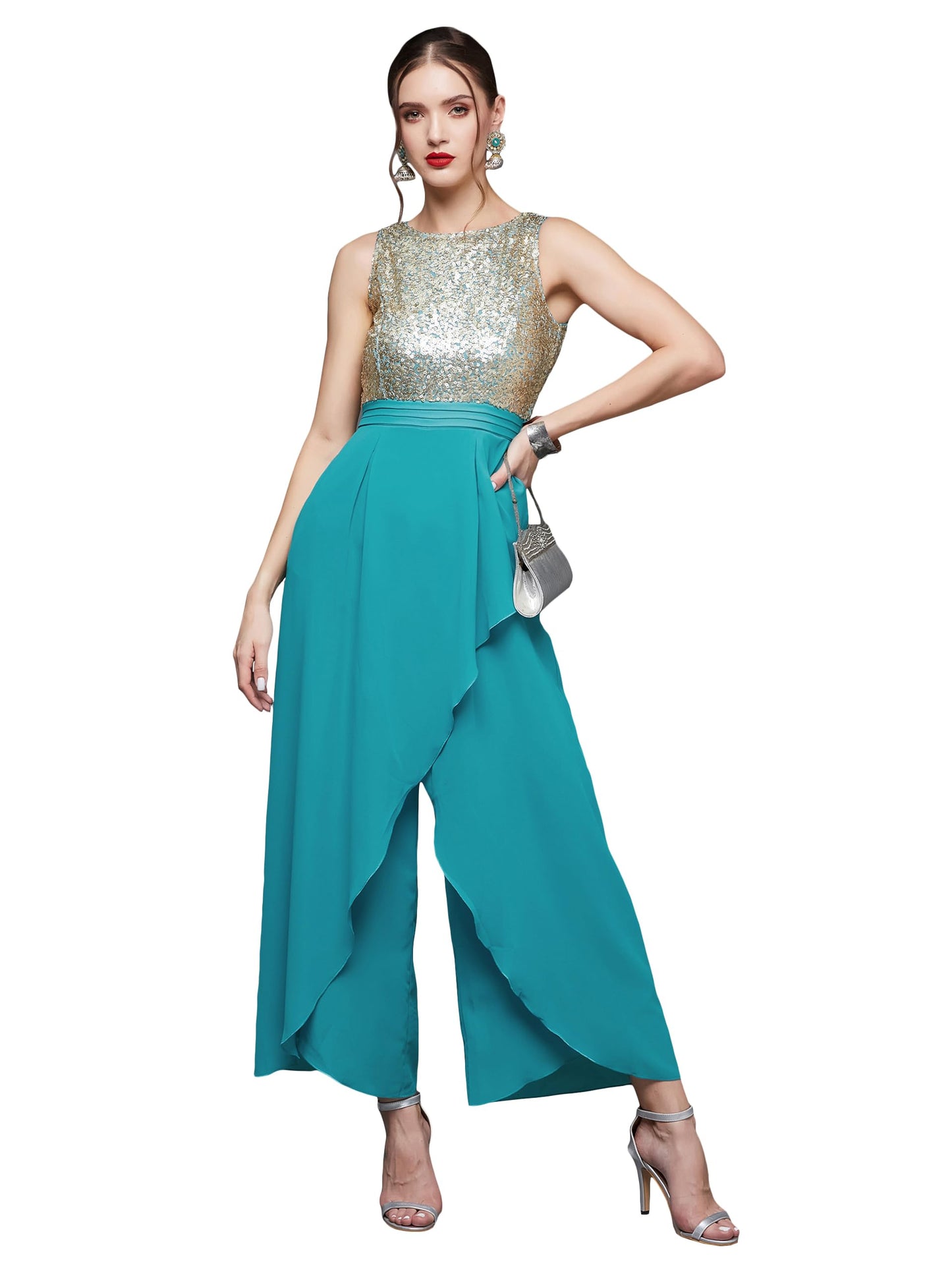 Miss Chase WomenS Round Neck Sleeveless Layered Regular Jumpsuit With Pockets (Mcss24D97-14-33-04, Turquoise, M)