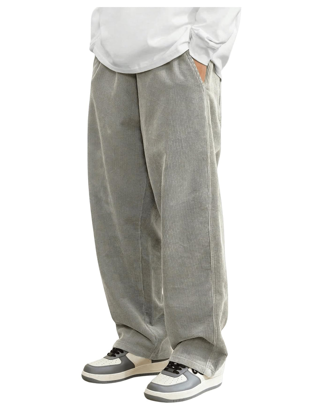 AVANOVA Mens Light Grey Front Tie Loose Fit Corduroy Baggy Long Slacks Chino Pants with Slant Pocket Simple Casual Trousers, Go