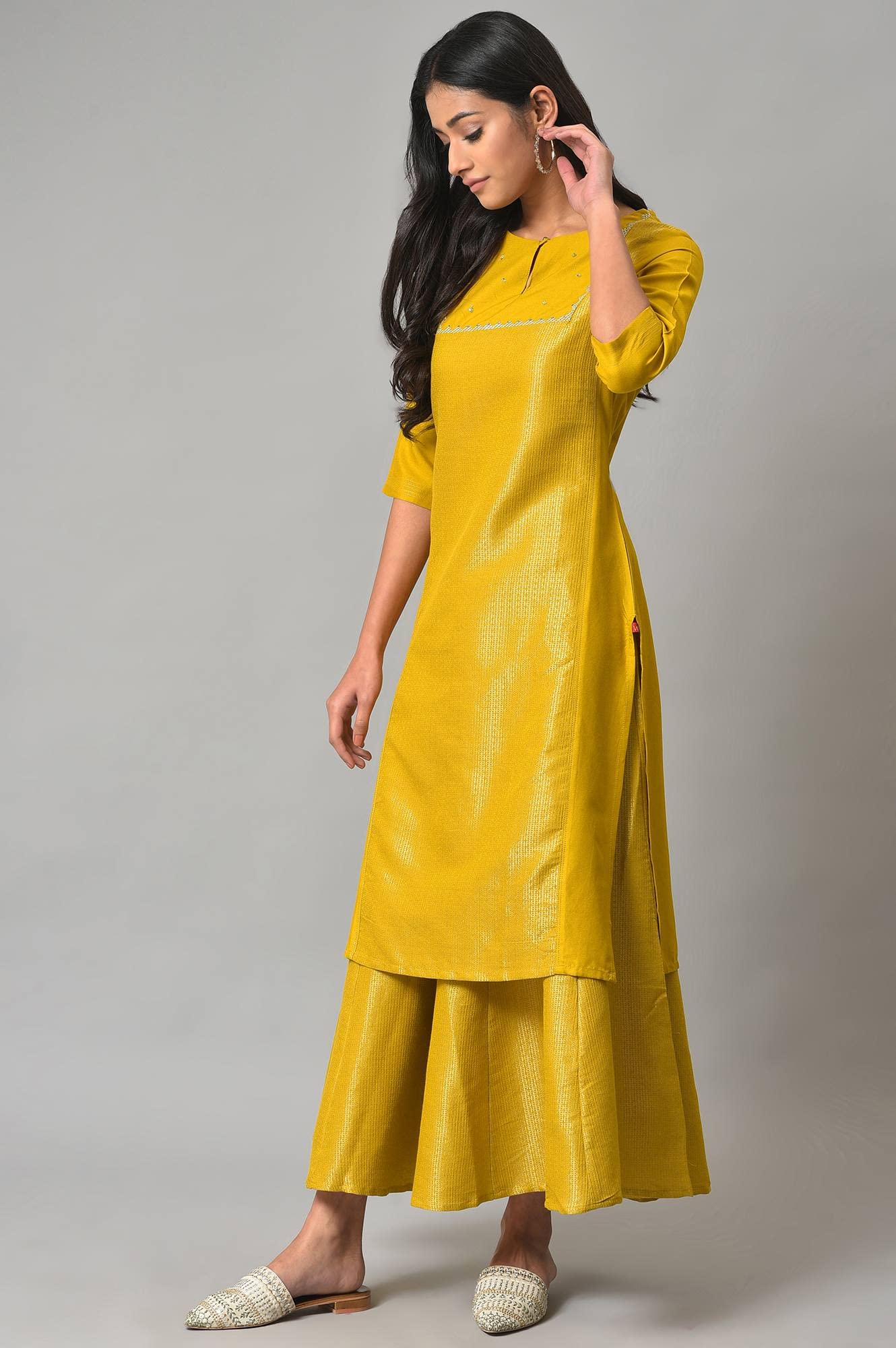W for Woman Yellow Dobby Festive Kurta