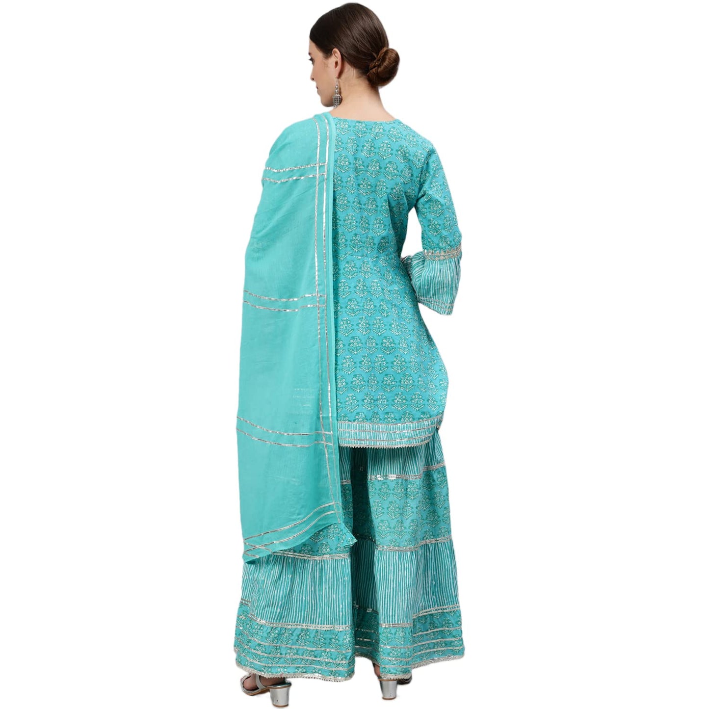ishin Women's Pure Cotton Sea Green Embroidered & Zari work Anarkali Kurta suit set With Dupatta & Sharara