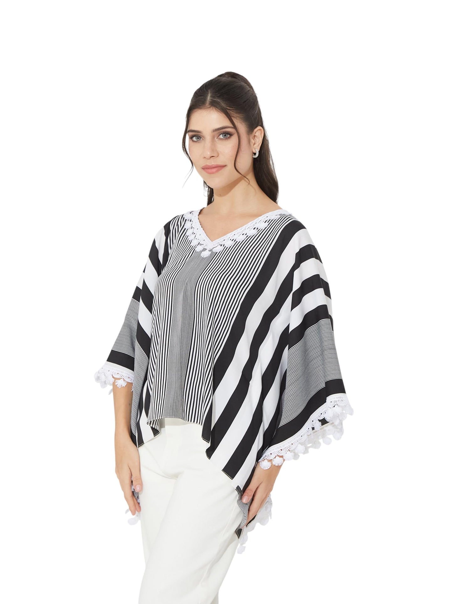 Miss Chase Womens V-Neck Kaftan Sleeve Striped Regular-Length Crepe Kaftan Top (MCSS25D20-48-98-06, Black & White, XL)