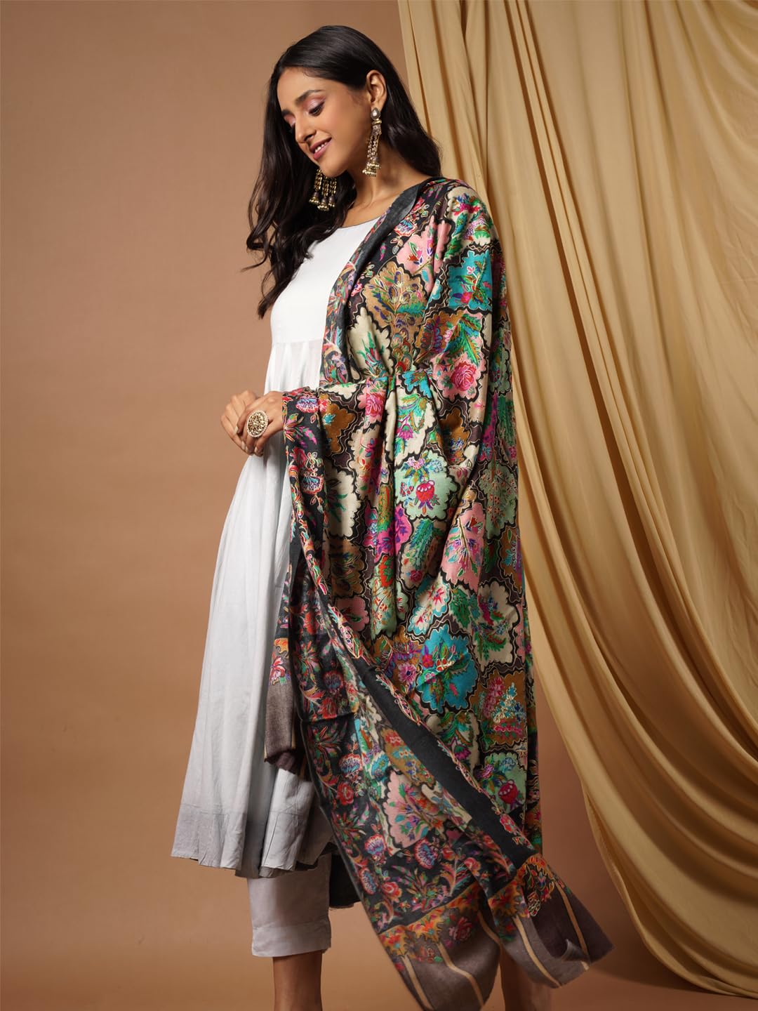 Pashmoda Women Noor Pure Wool Kalamkari Hand Embroidered Shawl (Size: 101 X 203 Cms)