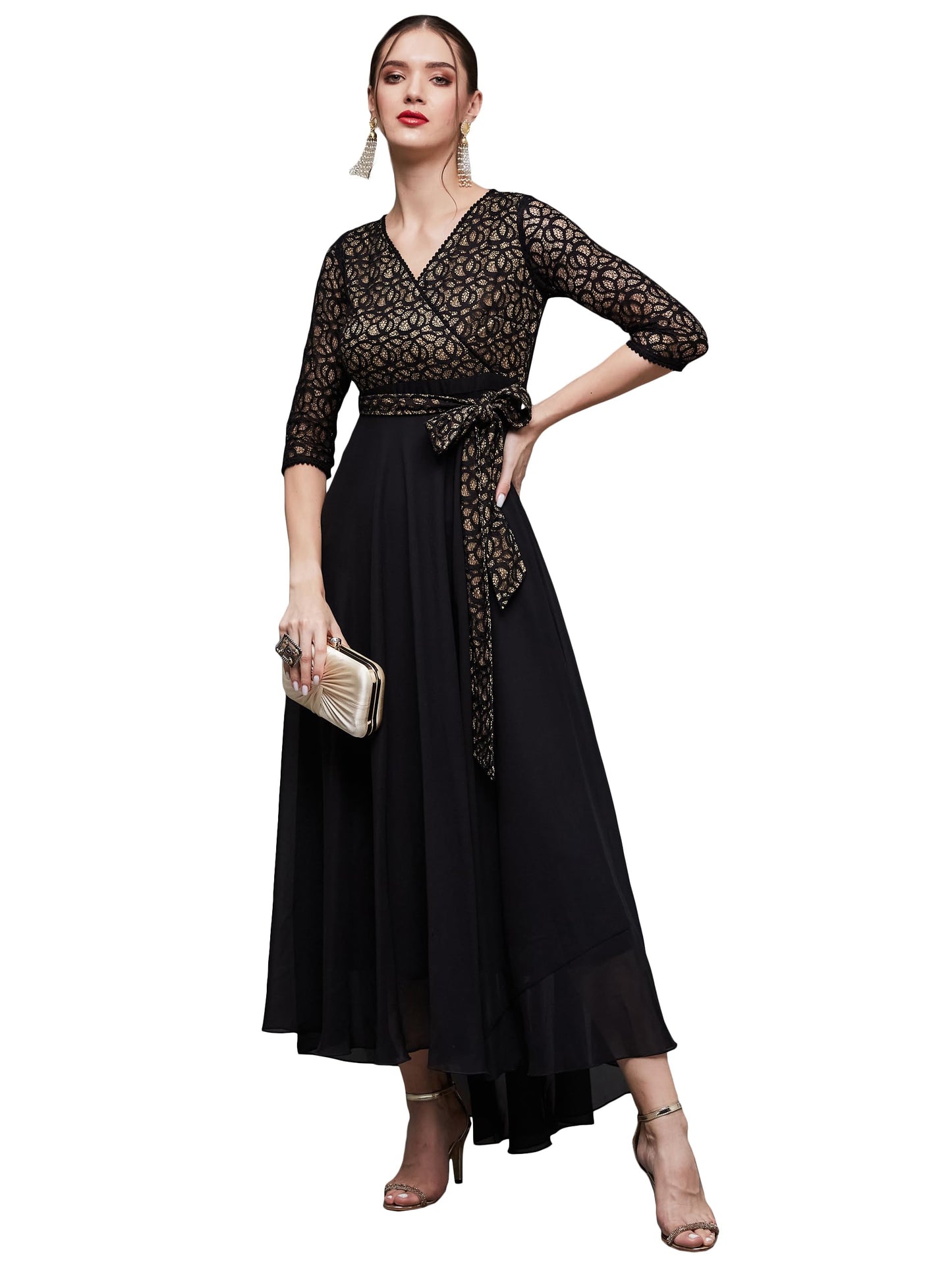 Miss Chase WomenS Self-Designed Relaxed Fit V-Neck 3/4Th Sleeve Georgette And Lace Maxi Dress With Pocket (Mcss21D14-67-62-07,
