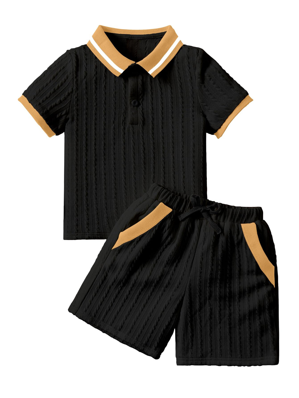 AVANOVA Boys 2-Piece Outfit Set Black Knitted Polo Collar Short Sleeve T-Shirt with Matching Shorts | Casual Summer Clothing fo