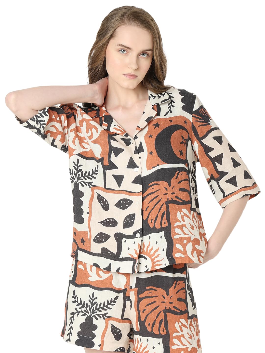 Vero Moda Women Abstract Print Brown Linen Regular Fit Shirt