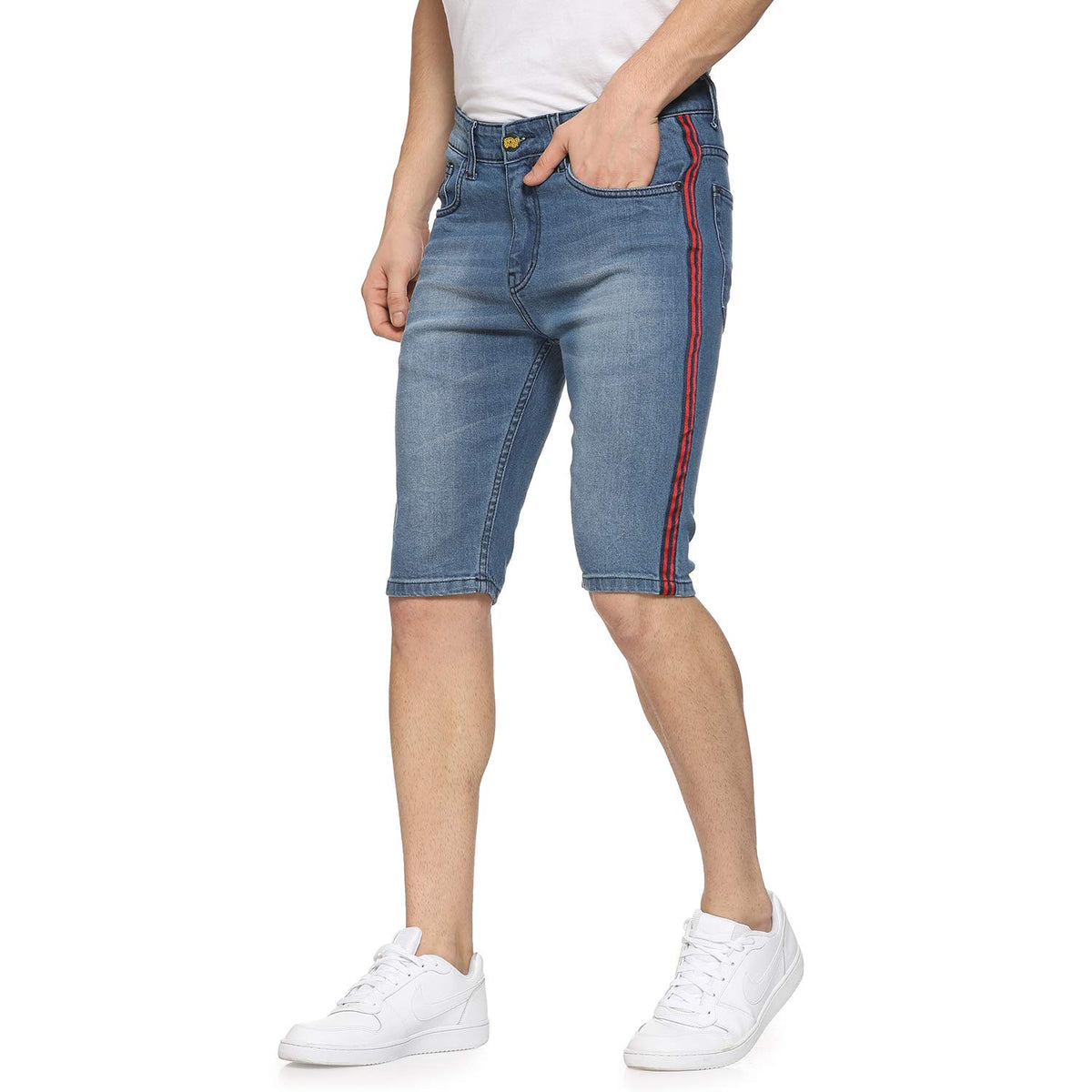 Campus Sutra Mens Classic Blue Light-Washed Distressed Side Striped Regular Fit Denim Shorts | Mid-Rise Stretchable Cotton Denim