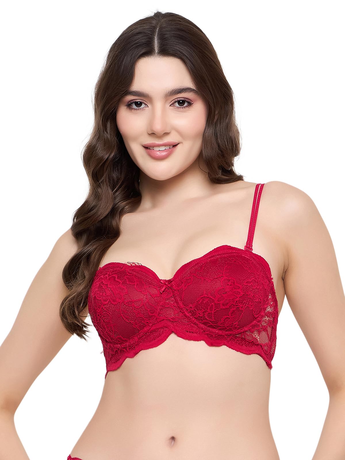 Clovia Lace Solid Padded Full Cup Underwired Balconette Bra (BR1369S04_Red_34B)