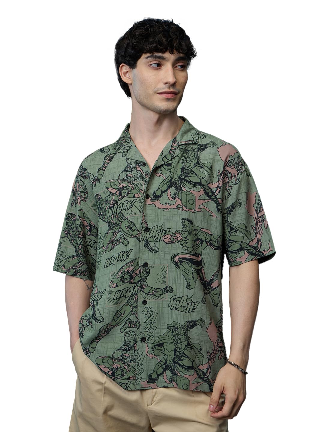 The Souled Store Avengers: Comics Men and Boys Short Sleeves Collared Neck Button Front Green All Over Printed Viscose Oversized