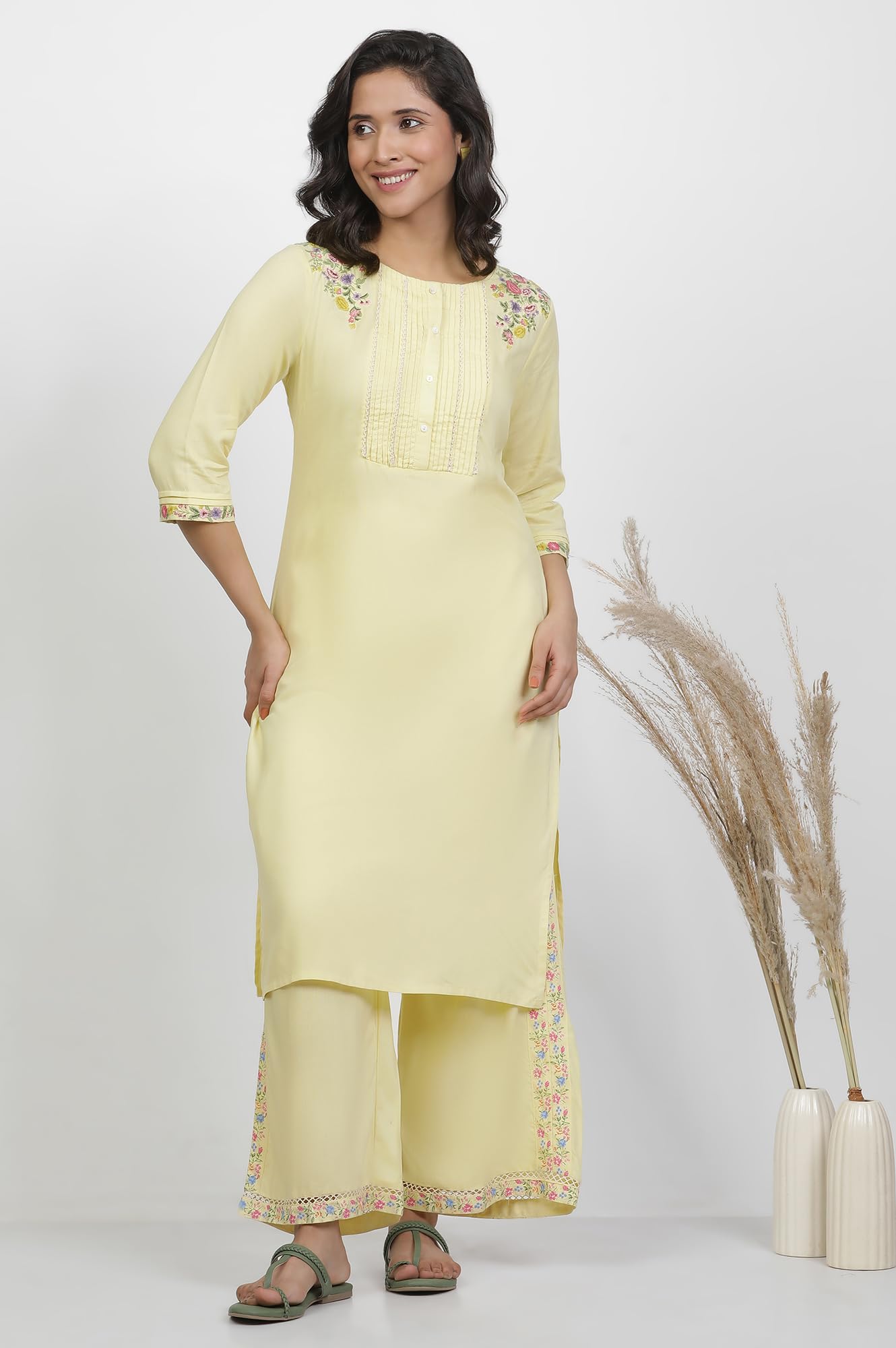 W For Woman Embroidered Rayon Straight Kurta And Pants Set