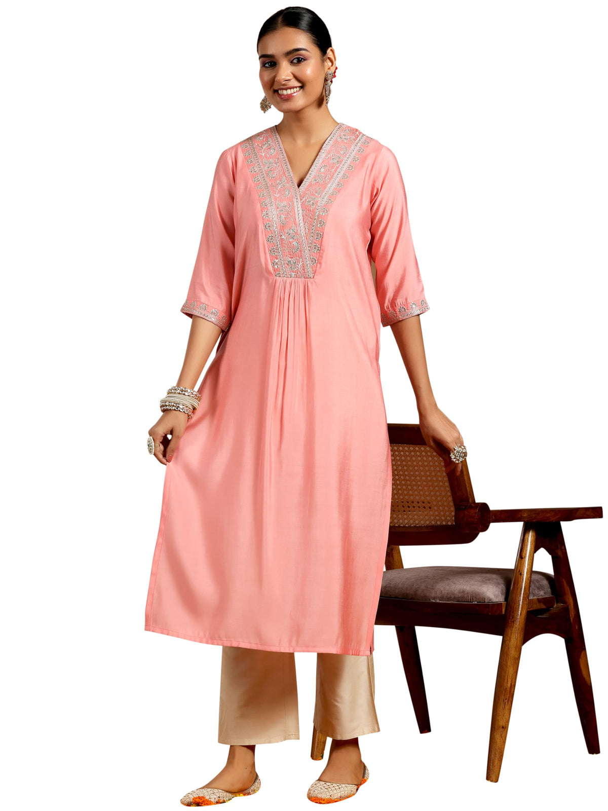 Libas WomenS Silk Straight Kurta (G2745_Peach