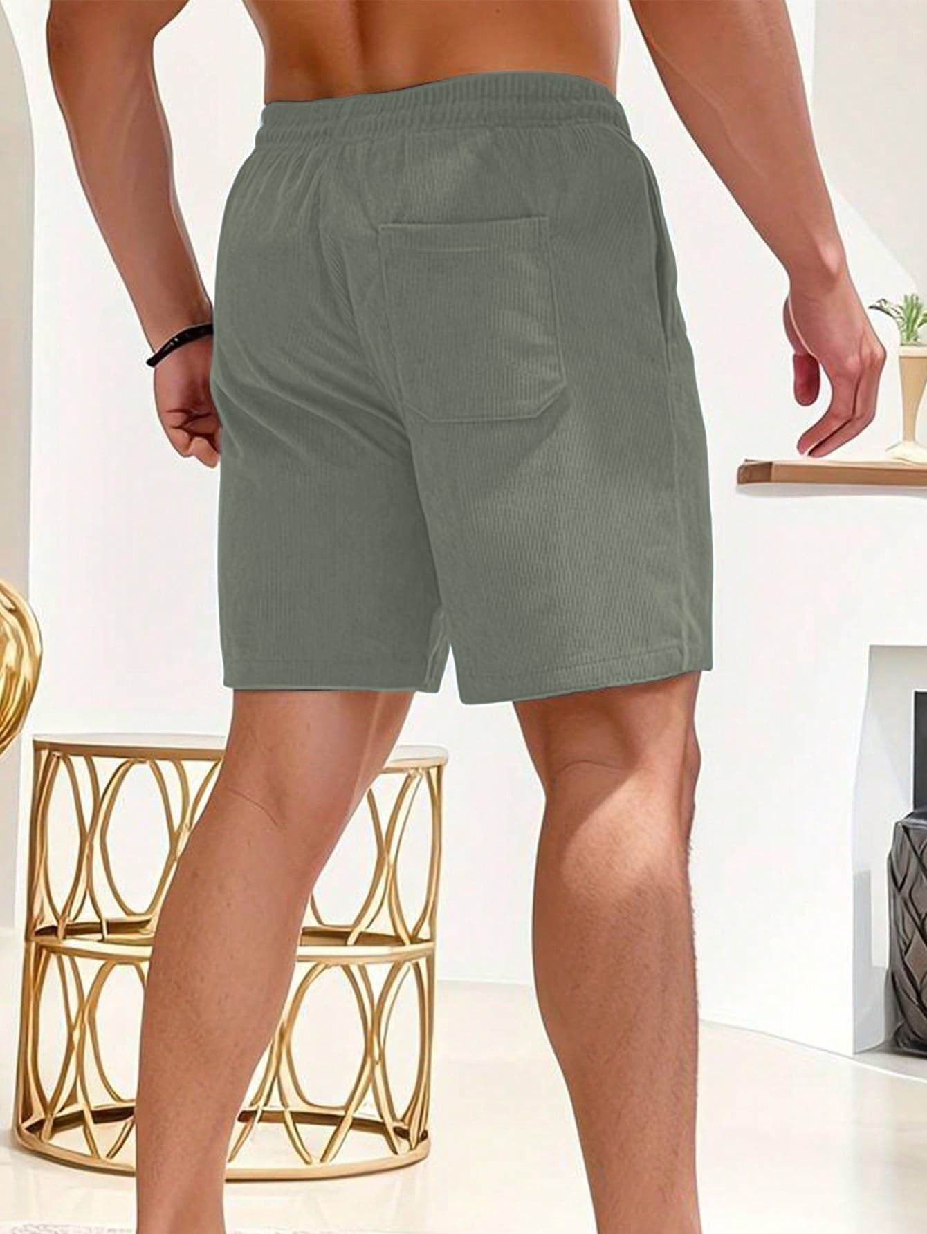 AVANOVA Mens Olive Green Solid Color Loose Fit Drawstring Short with Pockets, Casual Patch Pocket Waist Letter Print Shorts (Sh