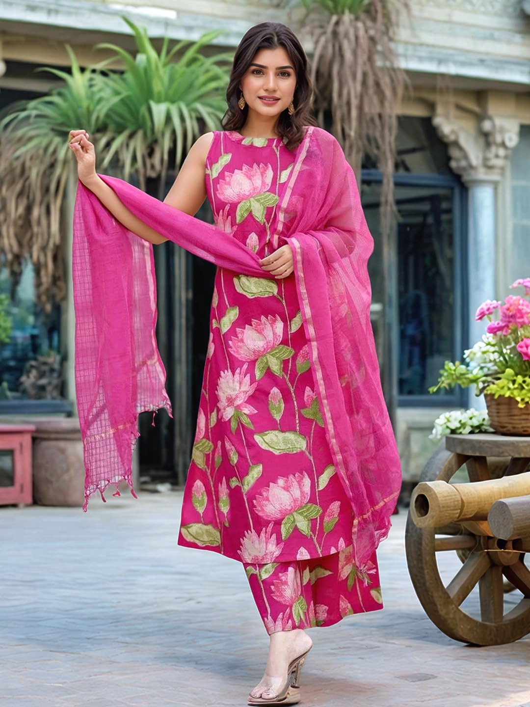 ANNI DESIGNER Women's Rayon Viscose Printed A-Line Kurta with Palazzo & Dupatta
