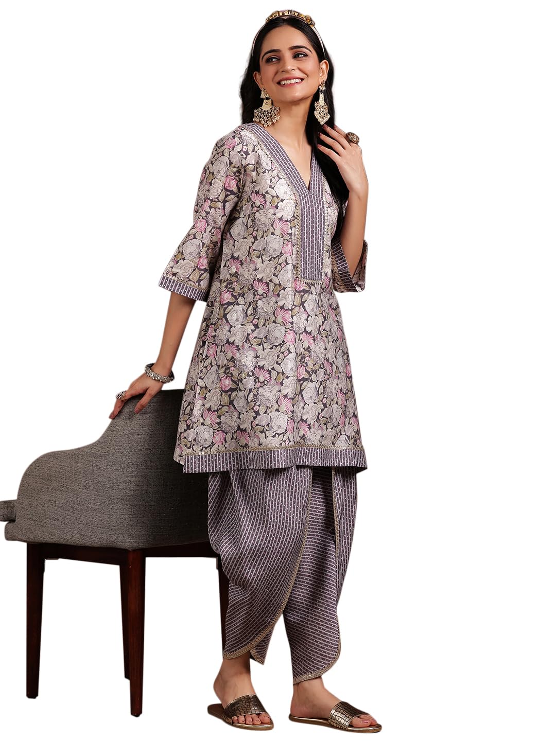 Libas Womens Printed Silk Blend A-Line Kurta With Dhoti Pant