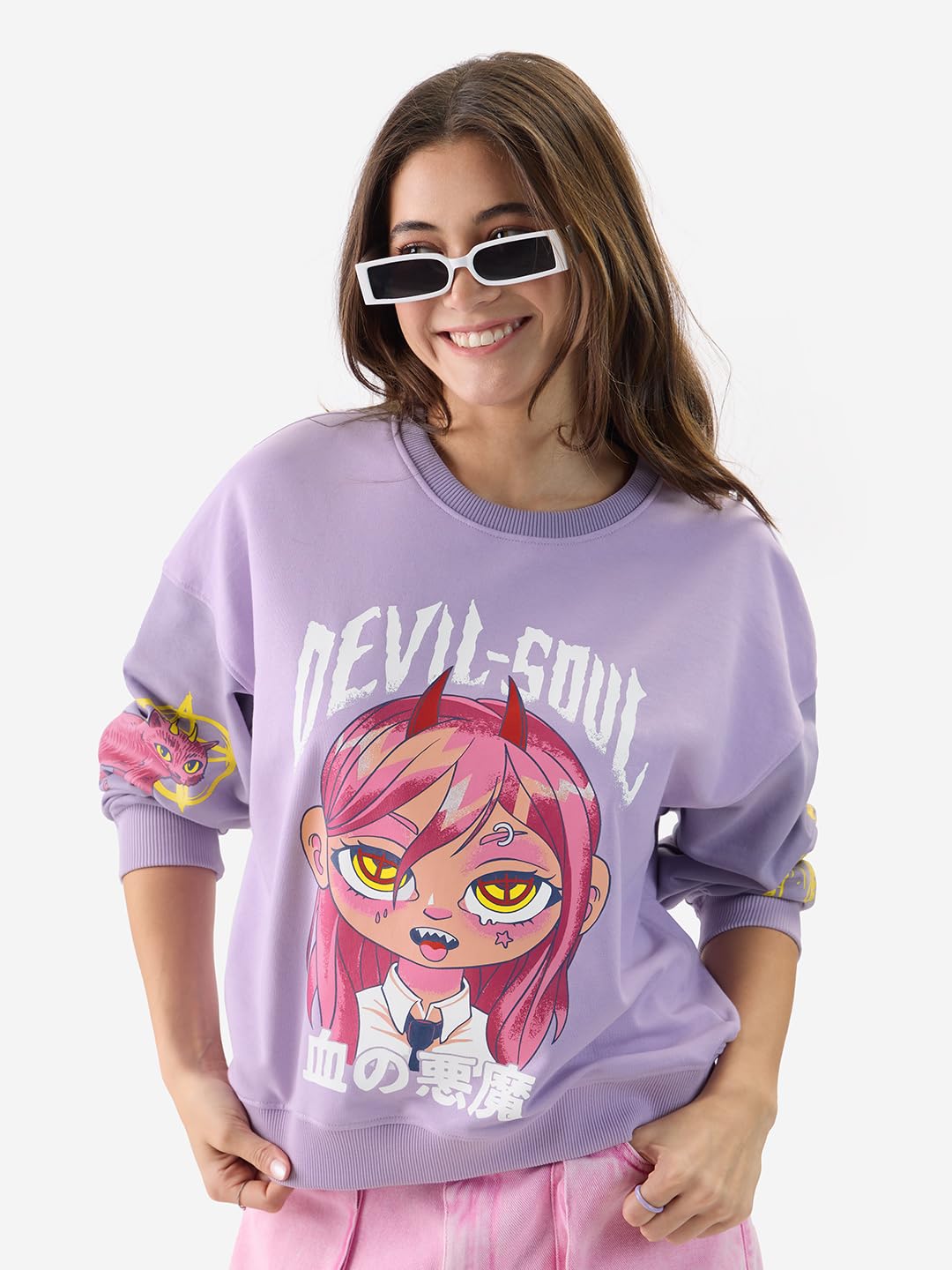 The Souled Store Devil Soul Women and Girls Long Sleeve Round Neck Purple Graphic Print Oversized Fit Sweatshirts