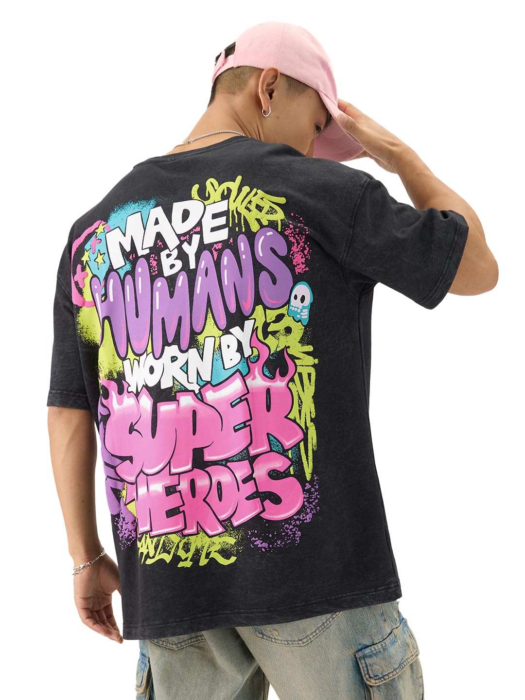 The Souled Store Made by Humans Men and Boys Short Sleeve Round Neck Black Graphic Printed Cotton Oversized T-Shirts
