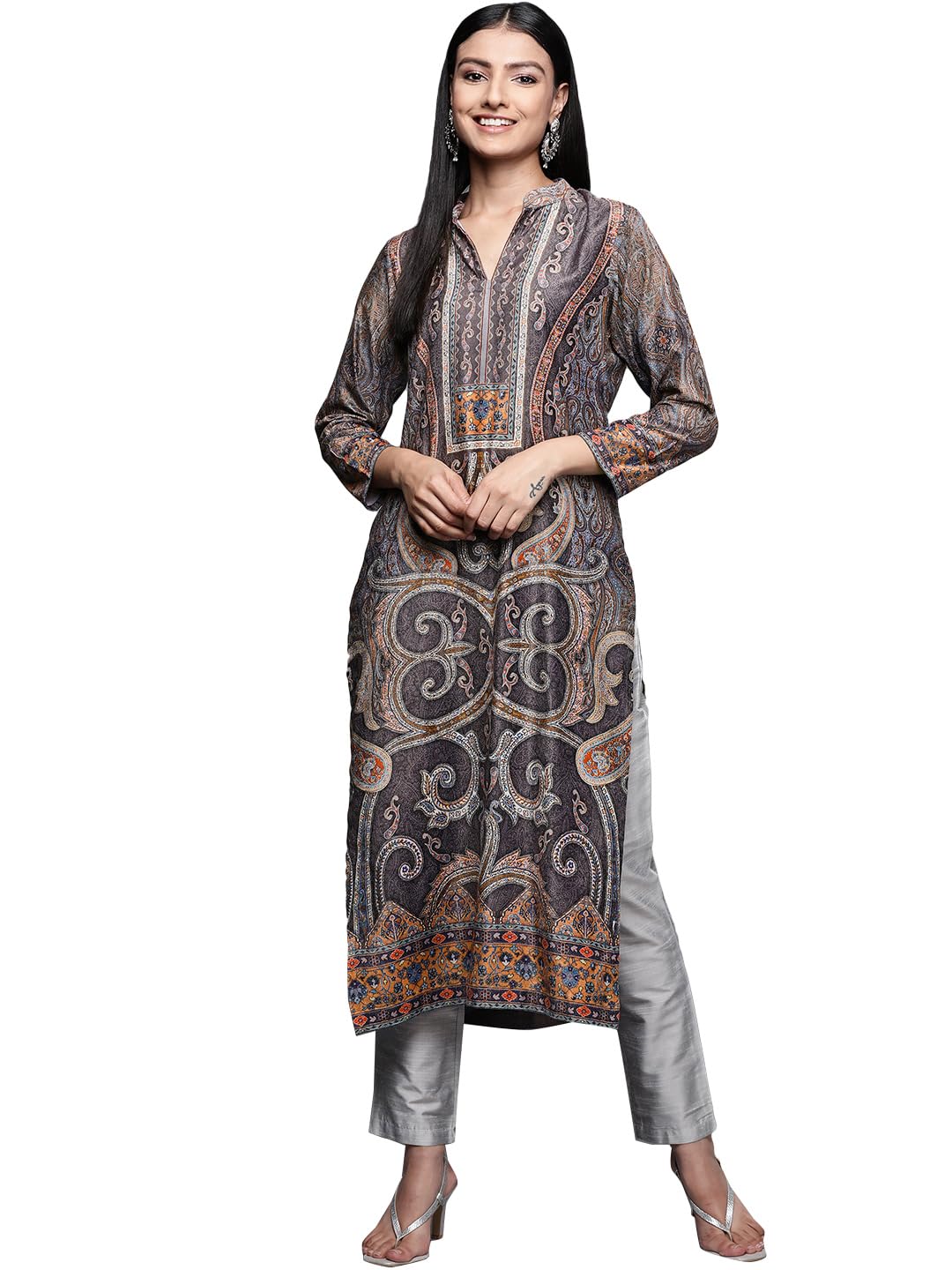 Libas WomenS Velvet Printed Straight Kurta (24185_Multi Black