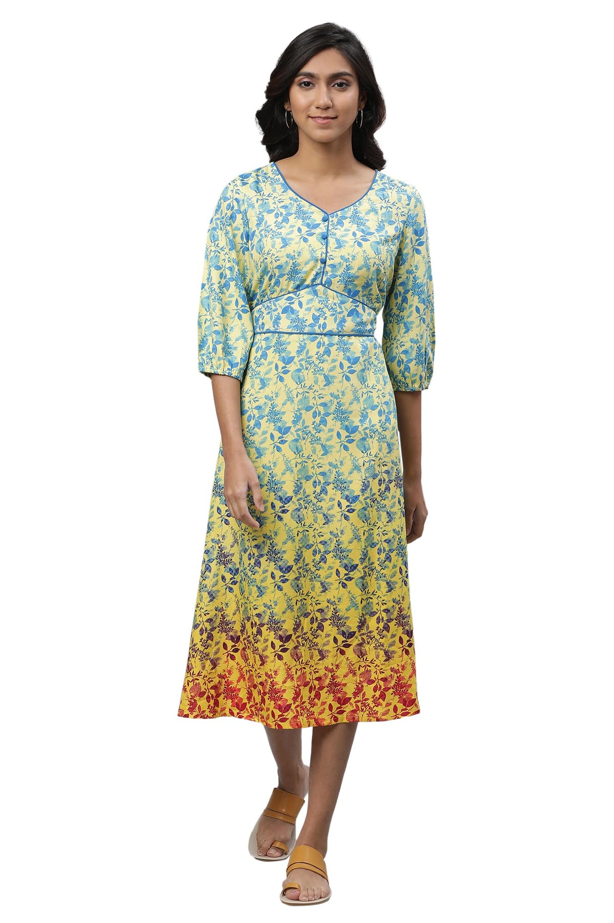 Aurelia Yellow Leaf Print Midi Dress For Women