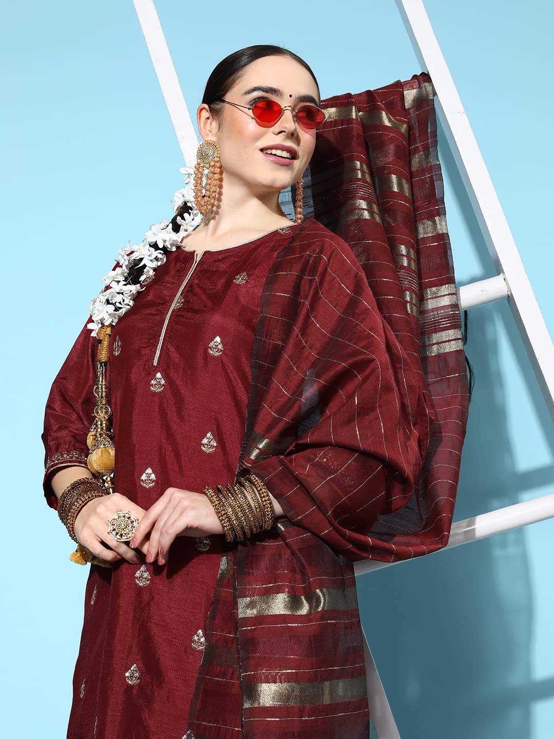 ishin Women's Maroon Embroidered A-Line Kurta with Toruser & Dupatta