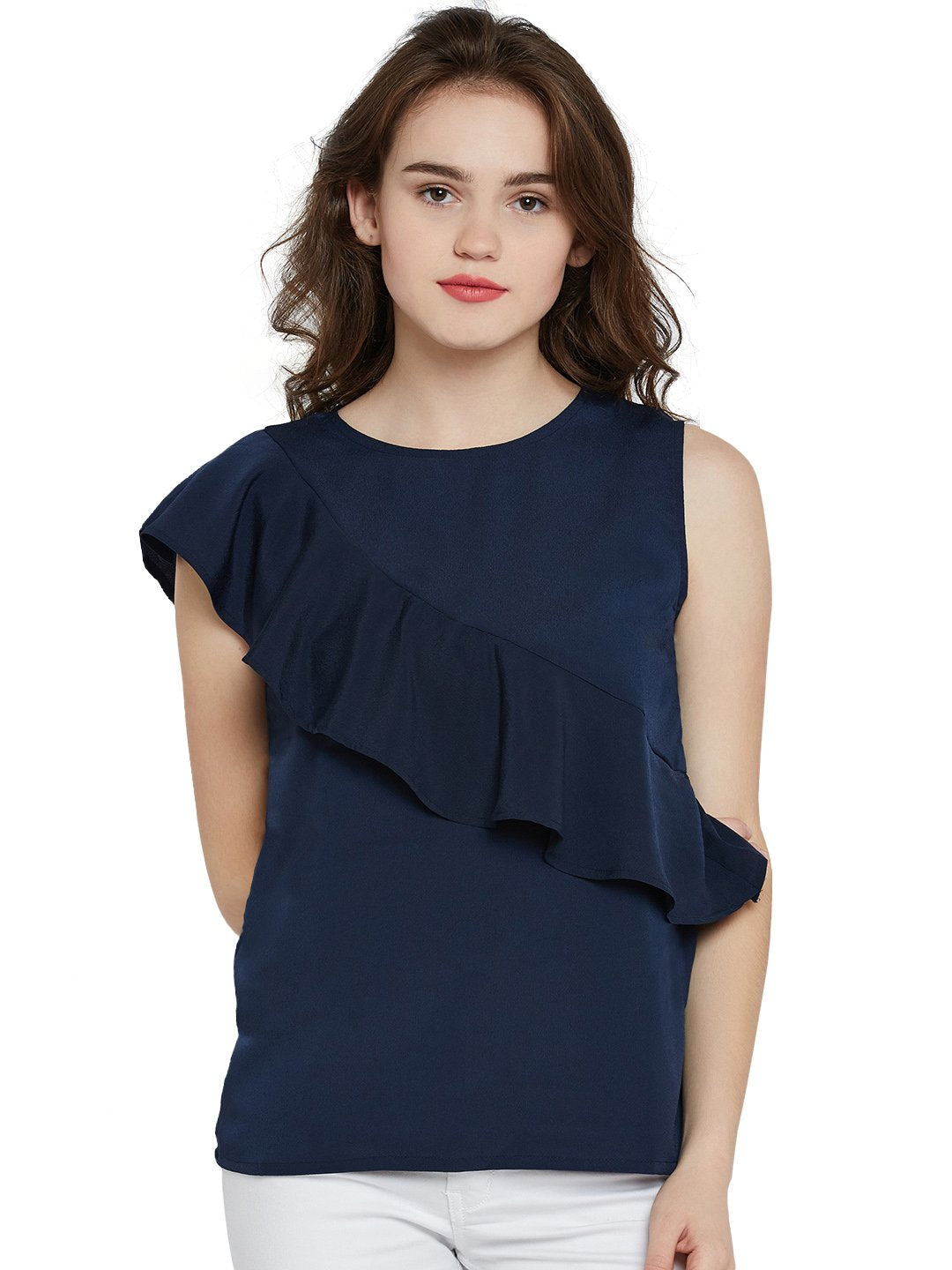 Miss Chase WomenS Plain Regular Fit Shirt (Mcss17Tp03-32-71-05_Navy Blue_Large)