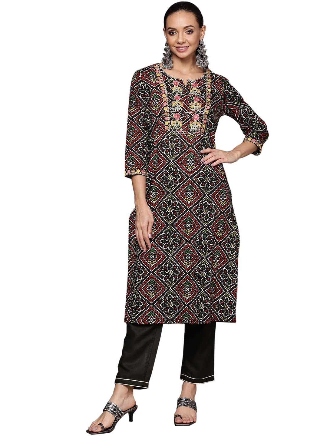 anubhutee Womens Cotton Bandhani Printed Straight Kurta Suit Set with Pants ABWKT2215_BK_L_Black